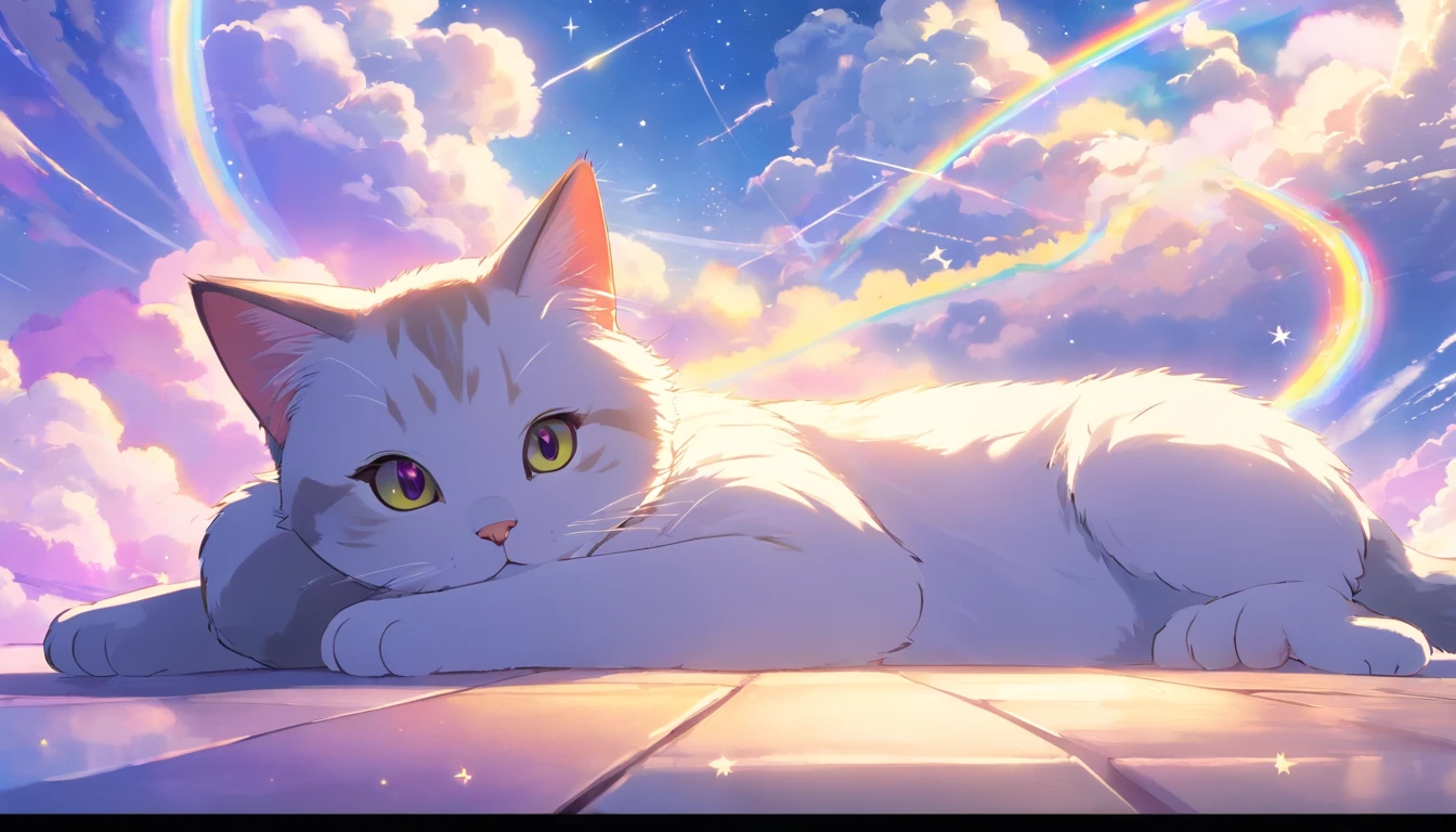 Beautiful cute cat、Draw a picture of yourself relaxing and dreaming in the clouds。Cat it lies down、The tail is curled。Surrounded by rainbows and stars、Elements in dreams, Like a floating bird。The background is lilac、Let you feel the world in your dreams。