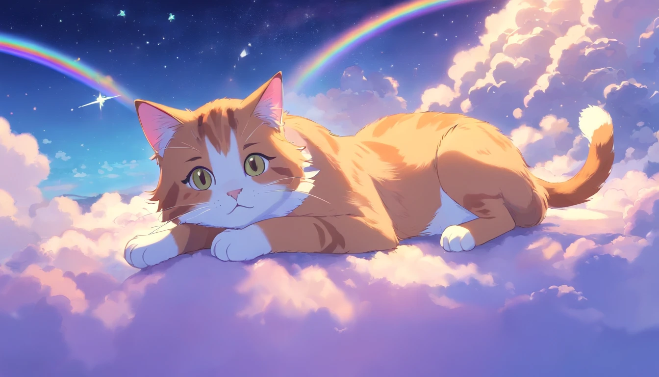 Beautiful cute cat、Draw a picture of yourself relaxing and dreaming in the clouds。Cat it lies down、The tail is curled。Surrounded by rainbows and stars、Elements in dreams, Like a floating bird。The background is lilac、Let you feel the world in your dreams。