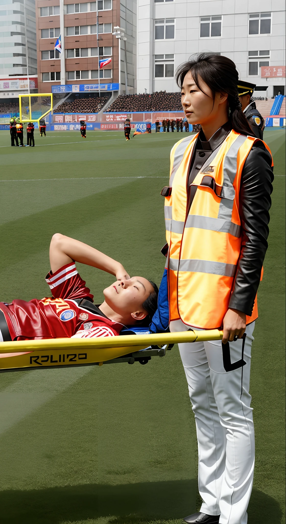 A scene at a soccer stadium in Mongolia, There is an attractive and heavily made-up Mongolian female police officer in a long black leather coat, A Mongolian female police officer in a shiny black leather coat on a soccer field, A Mongolian female police officer is holding a stretcher, A man is lying on the soccer stadium his back with his torso on the right in matt and roughened white and red sportswear on a stretcher, a man lies on a stretcher and has his left arm bent over his face, we only see the torso and thighs of the male athlete who is being carried with the stretcher to the left off the picture, the man lies on his back on the stretcher and covers his face with his bent left arm, the mongolian policewoman is exceptionally heavily made up and has an extremely desperate and very angry expression on her face, high-resolution photo, realistic sports photo, soccer scene, mongolia, mongolian policewoman, uniformed woman in black shiny long leather coat, injury scene, real photo, ultra realistic, high definition, sports photography
