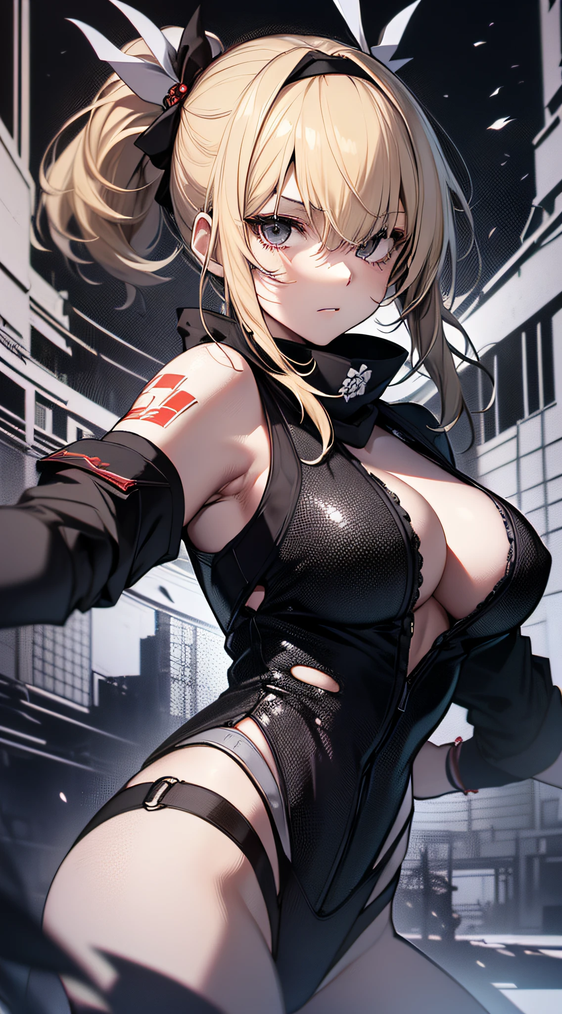 top-quality、Top image quality、masterpiece、s girl((18year old、Black short-sleeved survival suit、bust 80、a blond、poneyTail、Breasts wide open,Valley、Black eye、Strong eye power、Black Hachimaki、Get closer to your audience、Kamimei、Full of wounds all over the body、fighting poses))hiquality、visualart、Background with((World of Japan、Black sky))、Black and white tones