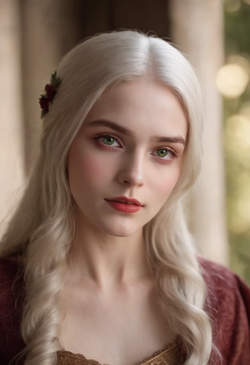 (((a deep reddish wound crosses her left cheek))) fair complexion, woman around 19 years old, natural white hair, distinctive green eyes, wearing kohl, slender and graceful, beautiful, candlelight in a medieval setting, ultra sharp focus, realistic shot, medieval female clothes, tetradic colors (scar:1.4)