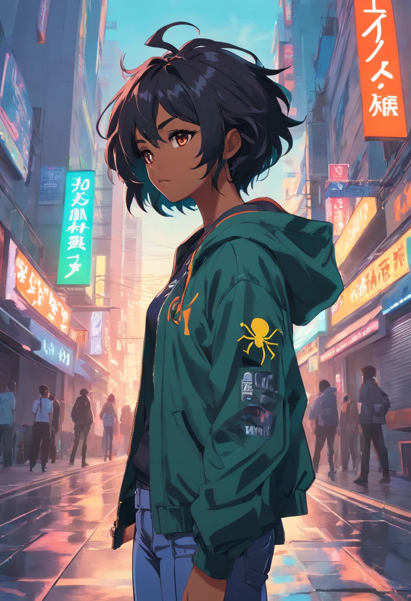 Uma garota negra de cabelo Cacheado estilo Black Power,cor da pele negra, Cyberpunk clothing style with reference to spider man punk is punk style, realista, detalhado, many details in the eyes is in the clothing
