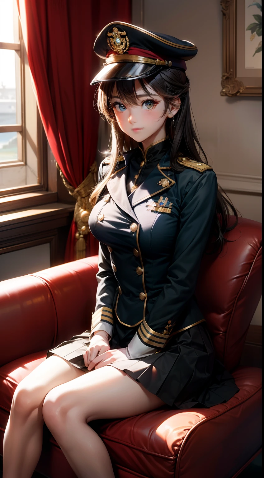 Cute *********** s。tiny girl。Dress like a naval officer's uniform。Wear a white marine cap。Ruffles at cuffs and hem of skirt。Skirt at below the knee length。Golden fluffy curly hair。de pele branca。Golden Eyes。Soft smile。see the beholder。Sitting in a classy armchair。The background is an iron wall like the interior of a warship。You can see the blue sky outside the round window。