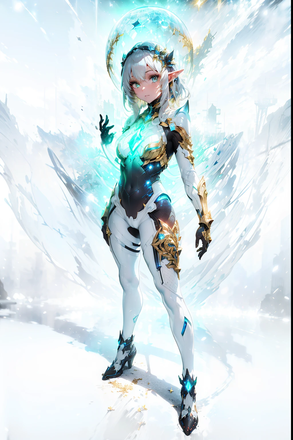 Elf, intricate perfect beauty face, detailed sharp galaxy glowing eyes, detailed face, (((from face to the waist))), (((beauty shape))), ((in realistic white neon-lit sci-fi plugsuit costume)), masterpiece, 4k, UHD (((wearing golden gauntlet with hyper realistic and detailed black)))