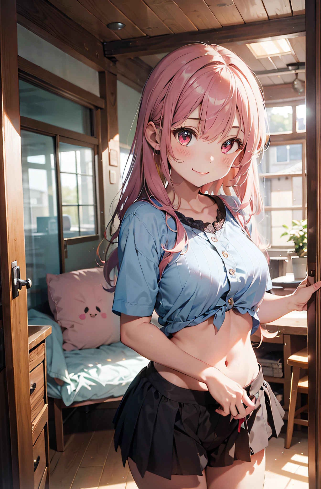 top-quality、masutepiece、in 8K、Pastel tones、girl with、A pink-haired、(Twin-tailed)、Long hair、is standing、Unbutton the short-sleeved blouse to reveal the bra.、Wearing only panties、bare-legged、ssmile、livingroom