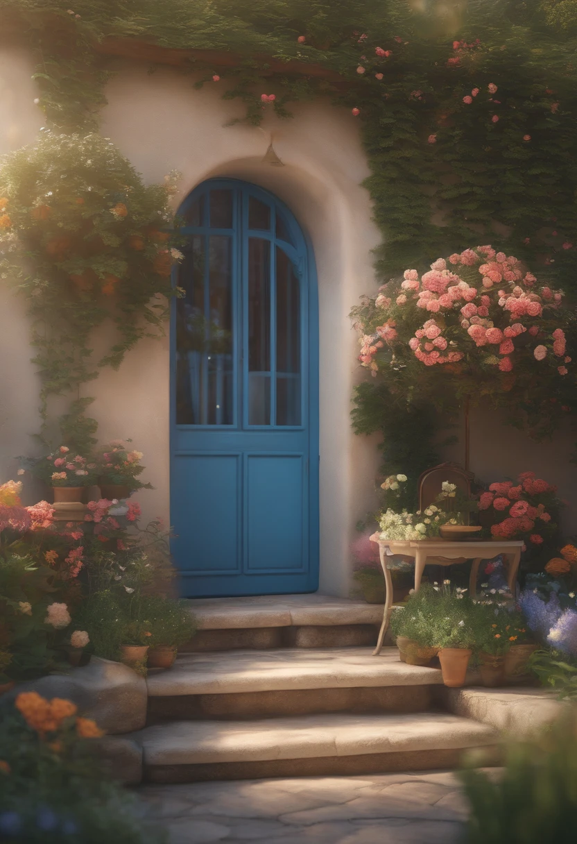 there is a blue door and a white chair in a courtyard, cottagecore!!, cute style garden, cottagecore, cottagecore flower garden, cozy cafe background, anime background art, 3 d stylize scene, cozy home background, studio ghibli aesthetic, flower shop scene, flowery cottage, summer afternoon