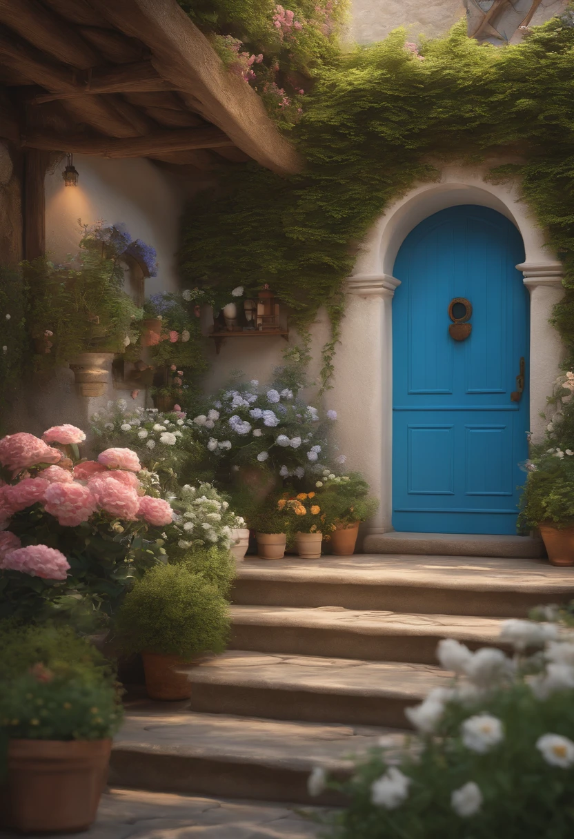 there is a blue door and a white chair in a courtyard, cottagecore!!, cute style garden, cottagecore, cottagecore flower garden, cozy cafe background, anime background art, 3 d stylize scene, cozy home background, studio ghibli aesthetic, flower shop scene, flowery cottage, summer afternoon