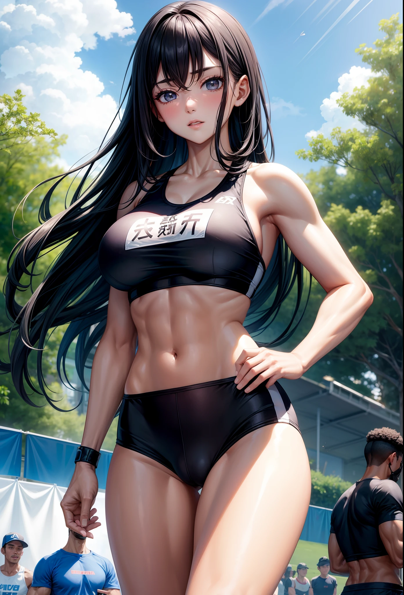 a beauty girl、huge tit、well-muscled、abdominals、Long black hair、Track & Field Athletes、sports wear、Sportsbra、Bikini pants、High jump