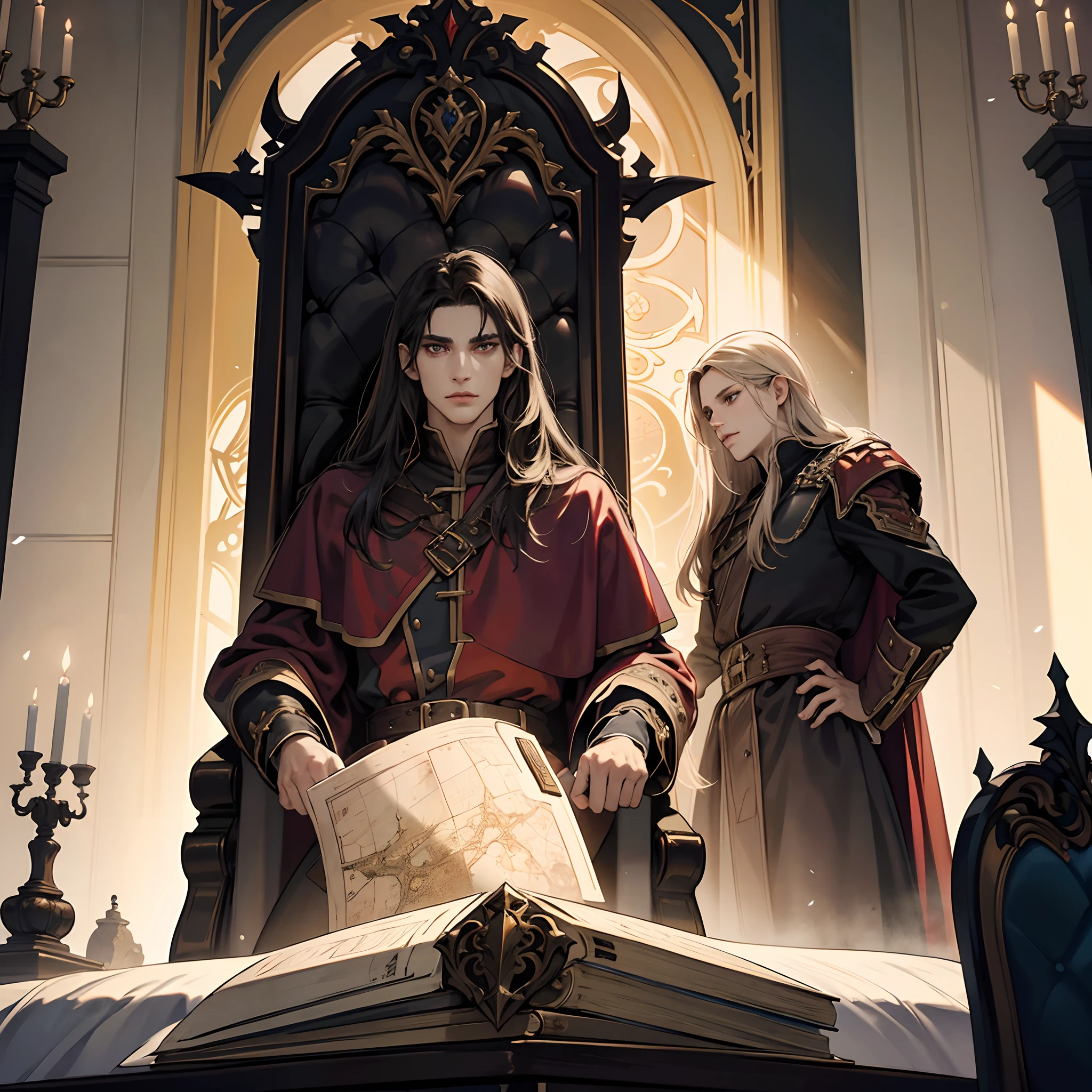Castlevania Lord of the shadows lord dracula in thé throne room with his great Legendary soldiers looking in Map of conquest hyper realistic super detailed Dynamic shot master piece scene cinématique of movie