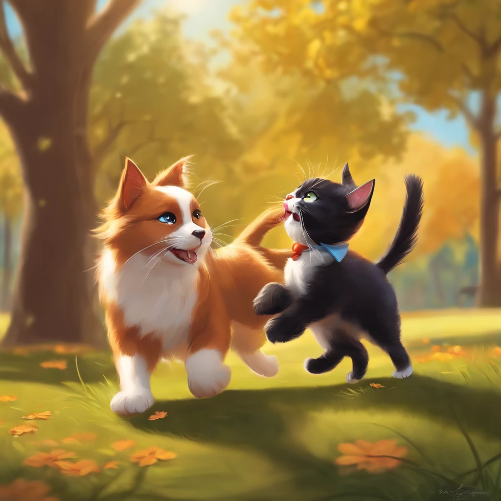 A dog and a cat playing together in the park, Digital painting, caricature style, artstation, Highly detailed, fun, Sunny lighting