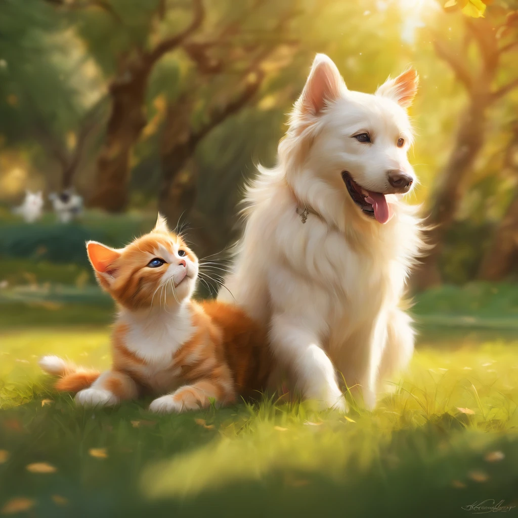 A dog and a cat playing together in the park, Digital painting, caricature style, artstation, Highly detailed, fun, Sunny lighting