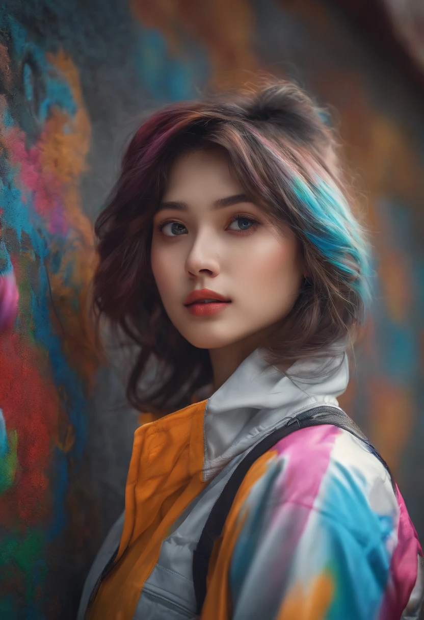 (Best Quality), Masterpiece, Highly detailed CG uniform 8K illustration, High Color, Very high saturation, All the colors have deepened., paints, Graffiti art, Center composition, Very delicate light and shadow, Graffiti Wall, The walls were brightly painted, 1 Girl doodle 1 Girl looking at the wall, highly detailed face and eyes, middle length hair, Sportswear, Colored clouds
