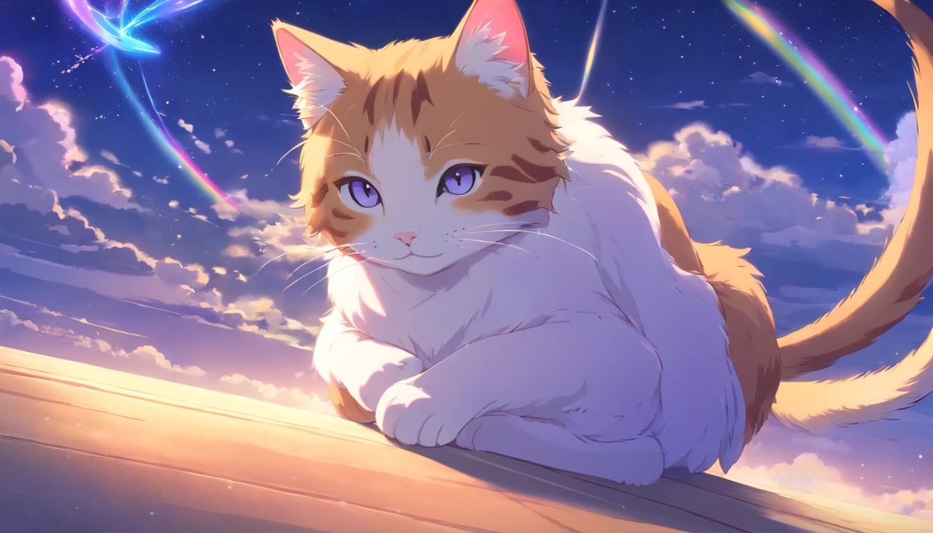 Beautiful cute cat、Sleep with your eyes closed,Paint a picture of yourself relaxing and dreaming in the clouds。Cat it lies down、The tail is curled。Surrounded by rainbows and stars、Elements in dreams, Like a floating bird。The background is lilac、Let you feel the world in your dreams。