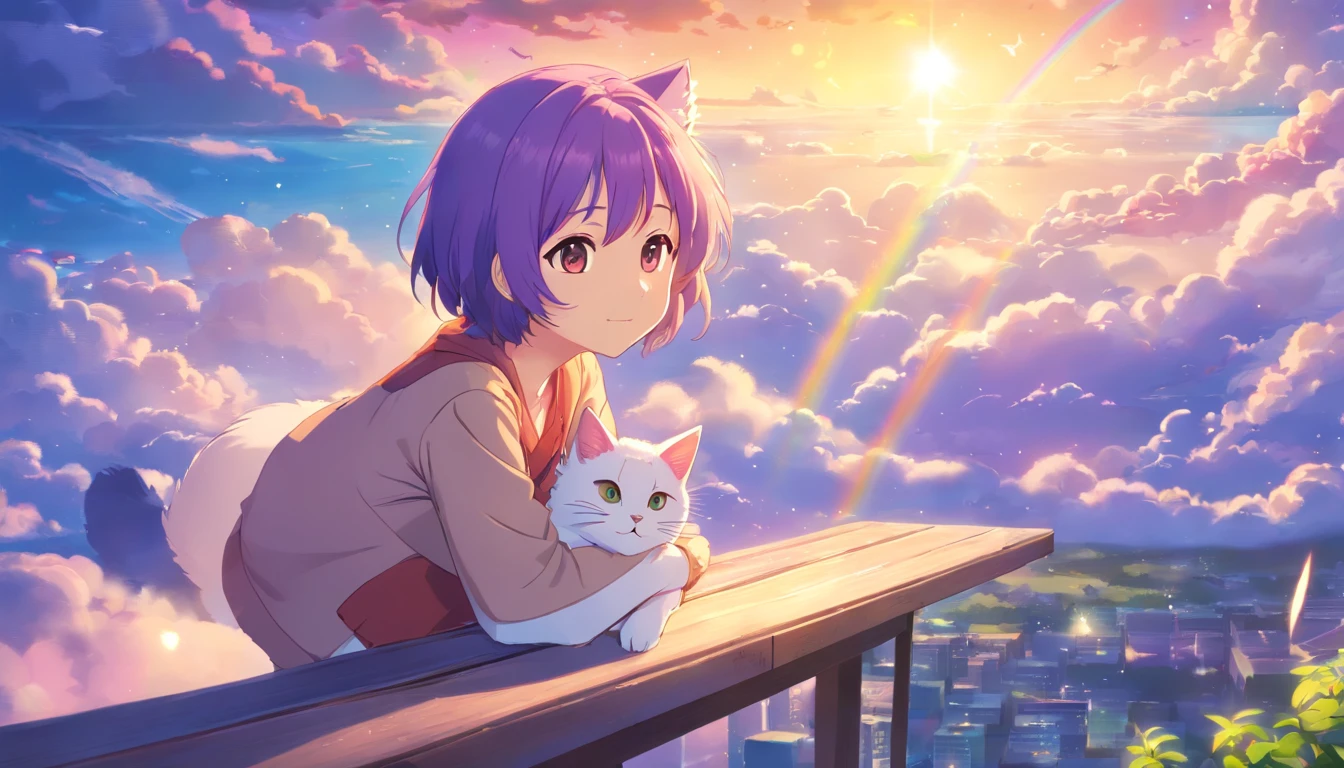 Beautiful cute cat、Sleep with your eyes closed，Paint a picture of yourself relaxing and dreaming in the clouds。Cat it lies down、The tail is curled。Surrounded by rainbows and stars、Elements in dreams, Like a floating bird。The background is lilac、Let you feel the world in your dreams。