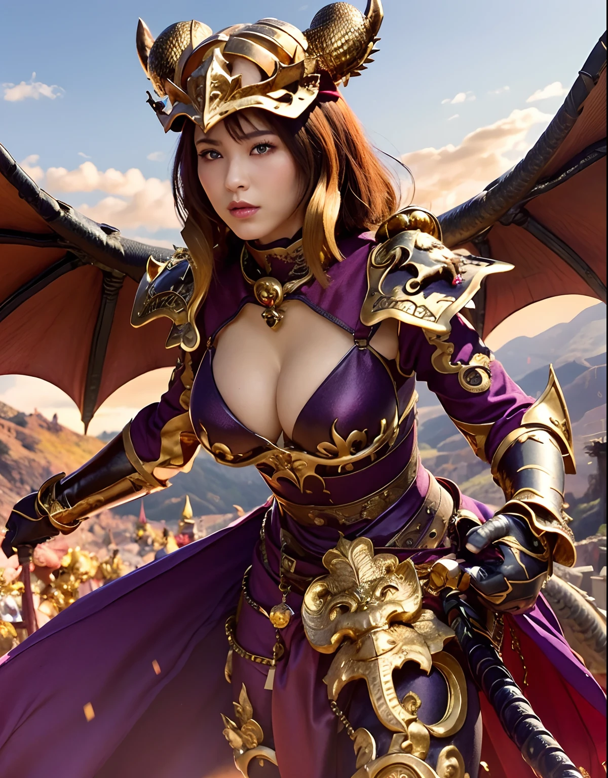 Professional , masterpiece、top-quality、photos realistic , depth of fields 、(Dragon Red Metal Body:1.9),(Enamel purple、(cleavage of the breast)、Mystical expression、Dragon Gold Weapon、(Red Micro Bikini Armor:1.4),Gorgeous gold weapons ,Particles of light、(( Dragon's dense and gorgeous sword)) , (demonic wings)、((a blond))、(Castle background)、((Gangle's forest background))、((Fight dragons))、Beautiful Caucasian beauty、1a person、dynamic ungle,(((Detailed and ornate dragon helmet)))、Smaller head、A smile、Castle background、Thin and beautiful female hands、cleavage of the breast、Soldier in iron armor on background、Mystical expression、Light Effects、intense fighting、Wind-effect、magic circles、With the legendary magic wand、Dragon's tail、explosions、Anatomically correct body、