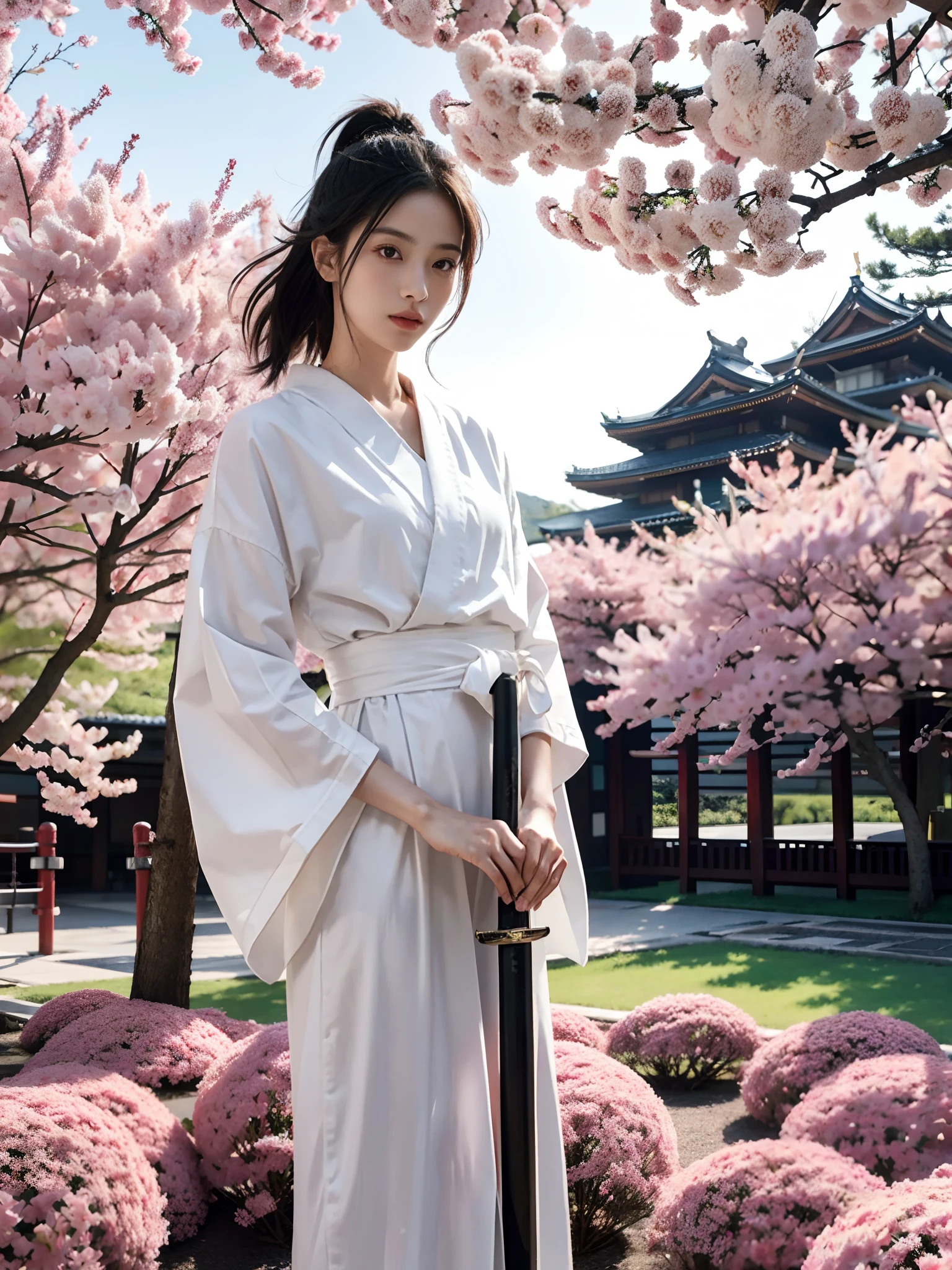 ((Small lower chest,Tomboyish,small heads)),  (short-length straighthair: 1.2), Black hair，Upper body,（极其细致的CG 8k壁纸），（Extremely refined and beautiful），（Masterpiece），（best qualtiy：1.0），（超高分辨率：1.0），beautiful light up，Perfect lightning，realistic shaded，[A high resolution]，Smooth and flawless fair skin，ultra - detailed ，(Small breasts:1.1)，Flat chest，Slim，emaciated，slender waist，serious，Mighty，（a seven quarter sleeved white kendogi:1.1），（maxi red kendo hakama：1.1），white short socks, geta，spring,night，In front of a tall huge Japanese castle，sakura blooms，standing，outside，Tree-lined roadsides，Close-up，(a long scabbard samurai katana:1.2)，Holding the katana handle with both hands