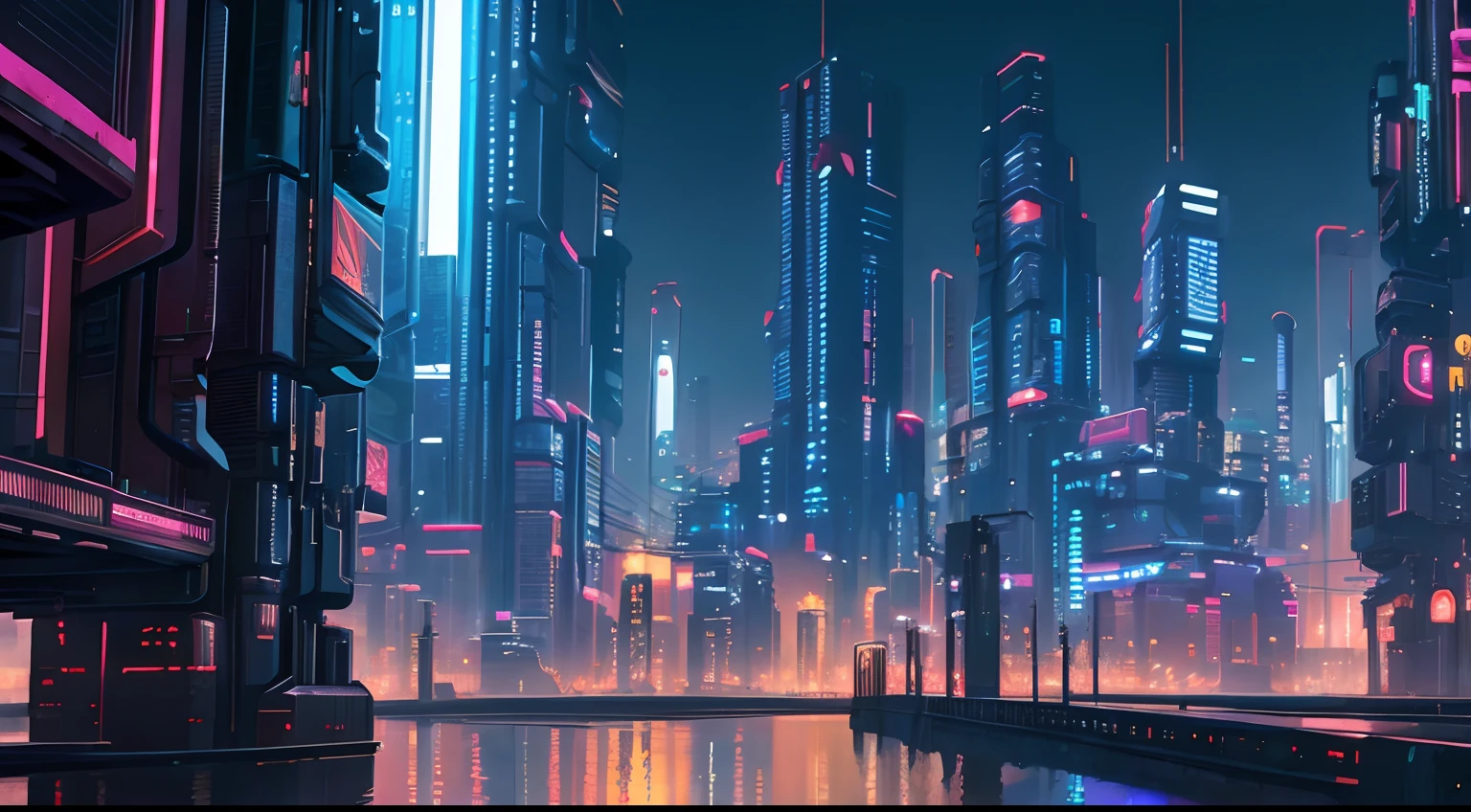 Pictures of cyberpunk cityscapes, Cyberpunk Cityscape Environment, Anime style, professional art, Perfect composition, 8K, Beautiful, Convoluted, Details