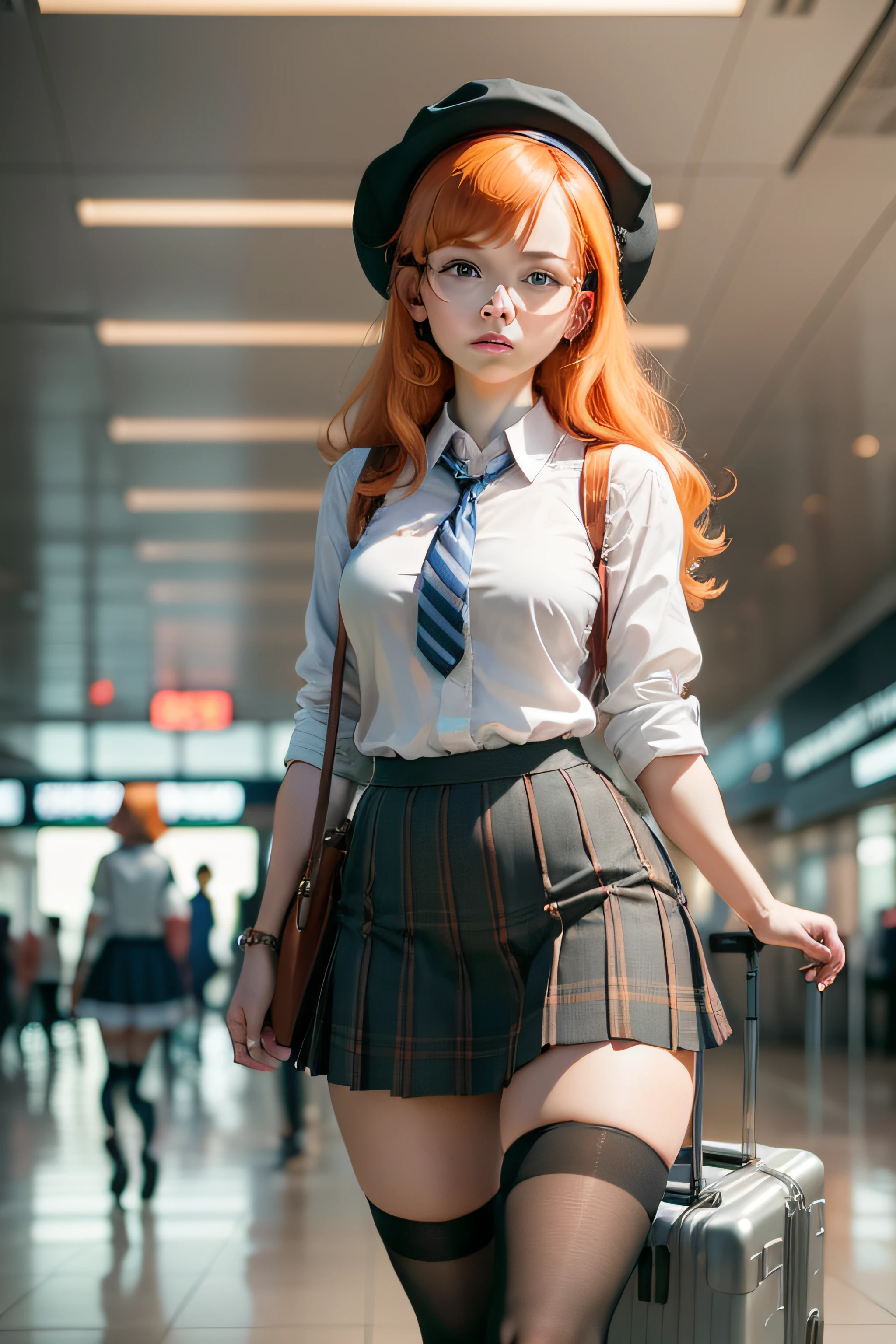 masterpiece, mid shot, arafly dressed woman with orange hair and a suitcase, a portrait inspired by Harriet Powers, trending on cg society, digital art, a hyperrealistic schoolgirl, hyperrealistic schoolgirl, dressed as schoolgirl, school girl, realistic schoolgirl, still from a live action movie, wearing skirt and high socks, promotional still, magical school student uniform, photo still, airport interior background, (full body:1.4),