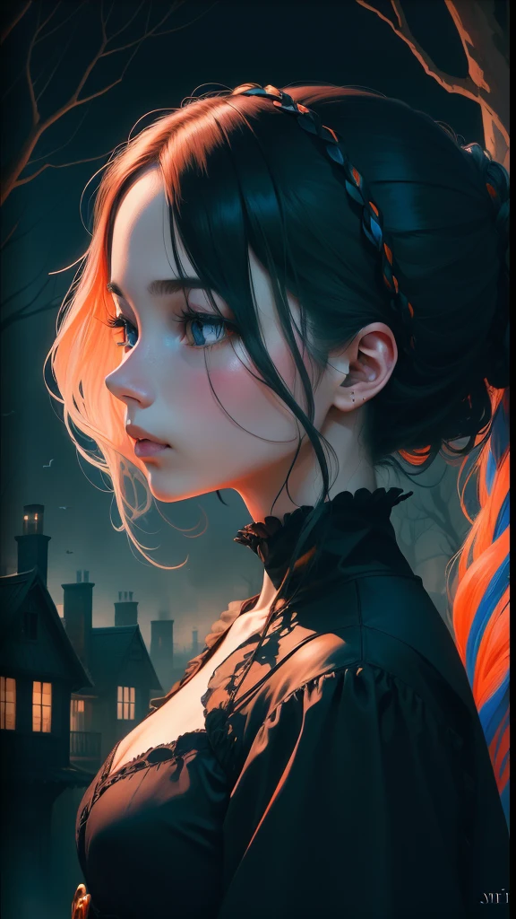 a colorful digital artwork of a woman's head and branches, in the style of haunting houses, graceful surrealism, depictions of urban life, dark sky-blue and orange, portraitures with hidden meanings, caricature-like illustrations, metropolis meets nature --ar 69:128 --s 750 --niji 5