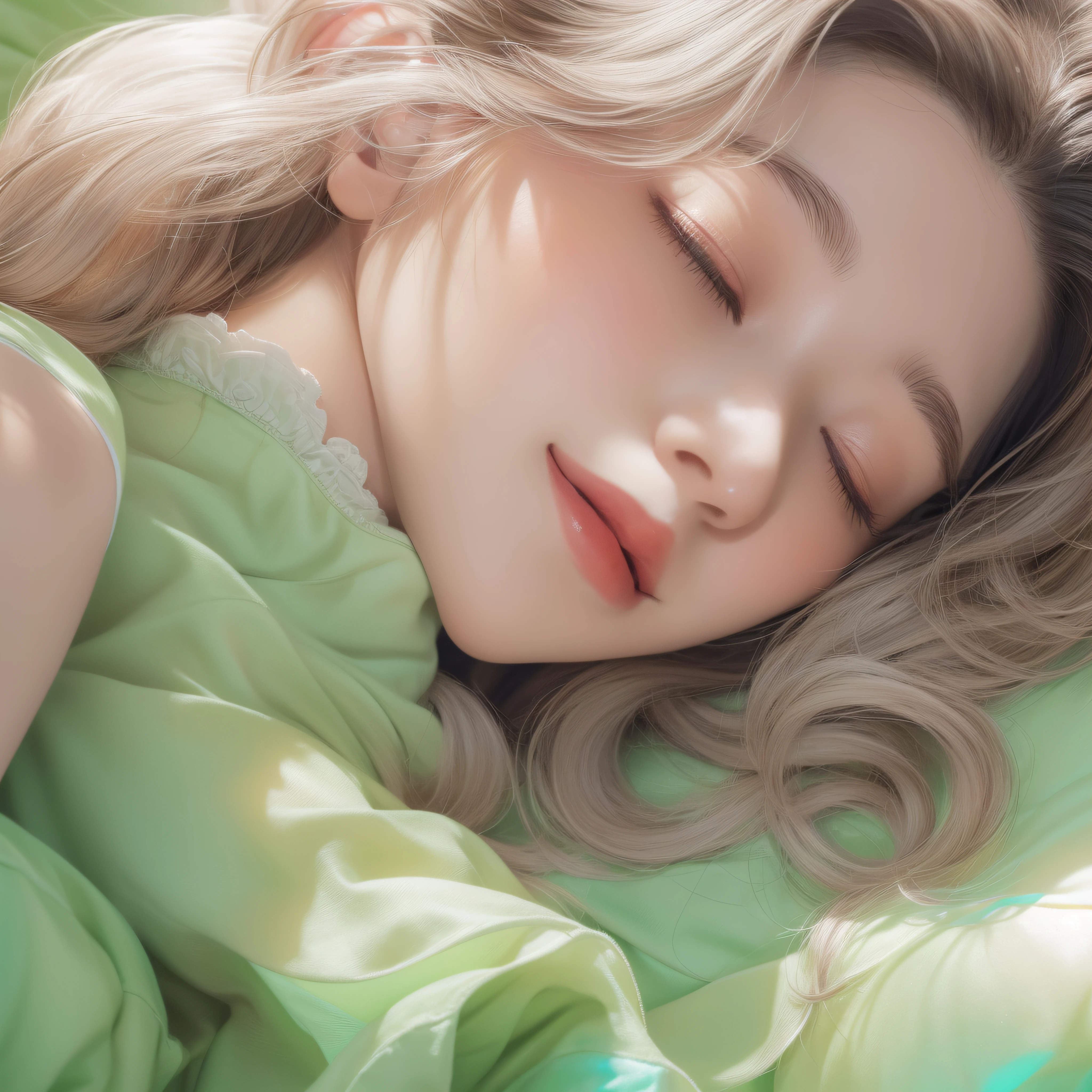 Close up of sleeping face、Close up of sleeping face、Close up of sleeping face、(realisitic、hight resolution)、(1 girl in)、Do-Up Eye、Korean Girl、(Best Quality), (masutepiece), (1girl in), Solo, a beauty girl, Perfect face, dreamlikeart、Highly detailed airbrush art((Surreal))、Volumetric lighting、(top-quality)、The ultra-detailliert、Highly detailed colorful details、(Bright lighting)、dynamic compositions、Ray traching、The mirror reflects light、Shallow depth of field、ultra-detailliert、mixing exposure、nffsw、Her eyes are glowing pink、eyes are ajar。Yawning。I'm on the bed。White sheets wrinkled、Tank tops