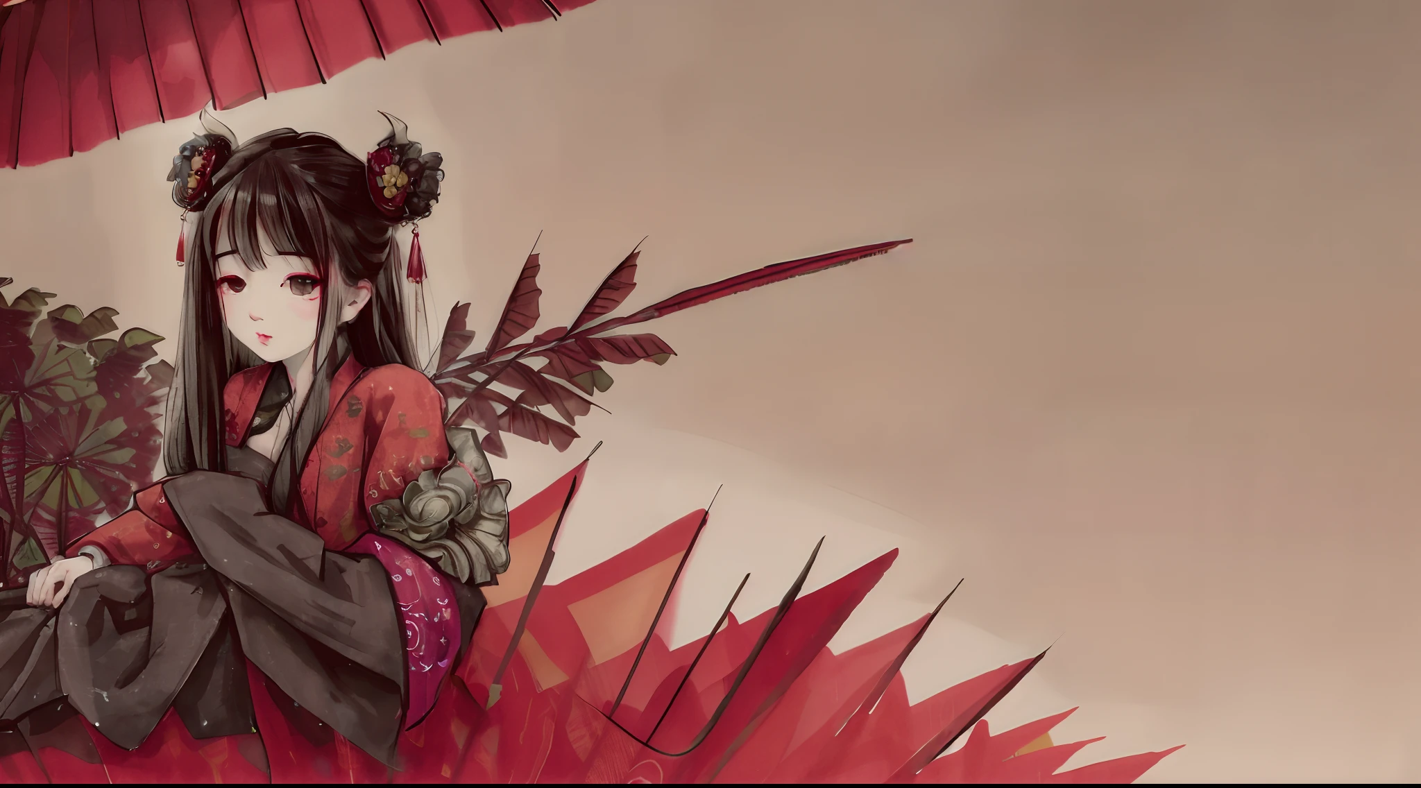 An ancient Chinese girl、Lotus pond in background、Wearing a red cheongsam、Holding a red umbrella in his hand、dark、Red lanterns rise in the sky
