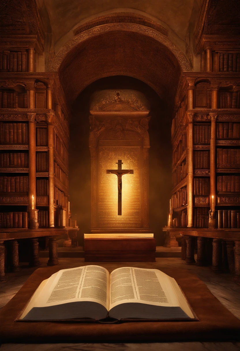 "Please, Create high-resolution images of the Bible that capture the awe and spiritual significance of this book of scripture. Images should convey the historical and religious importance of the Bible, Present it with dignity and respect. Using soft lighting、Highlight cover and page details, Emphasis on texture and aging, Where applicable. Place the Bible in a setting that evokes sacred environments, Like the wooden shelves and illuminated altars of ancient libraries. Colors should be subtle and typographic, self-introduction, Must be elegant and discreet. This image is、It should inspire a sense of reverence and spiritual connection to the words and teachings contained in the Bible."