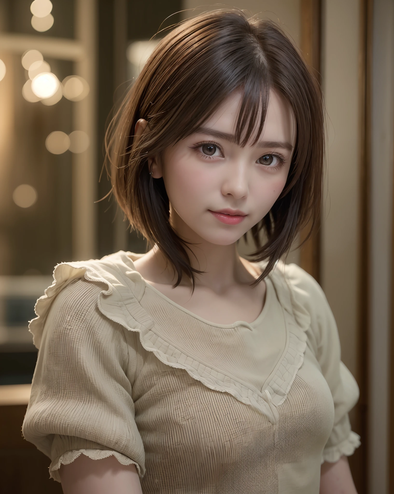 natta, RAW Photography, (((Very beautiful portrait))), ((glistning skin)), 1girl in, Sexy 25 year old girl, Cafe clerk、((Natural brown hair in short cuts)), [brown-eyed],Gentle smile staring at the camera、(valley), ((​masterpiece, top-quality, ultra-detailliert, ciinematic light, intricate detailes, hight resolution, 8k, ighly detailed)), detailedbackground, 8k UHD, Digital SLR, Soft lighting, hightquality, film grains, FujifilmXT3, Shallow depth of field, natural soft light、face perfect