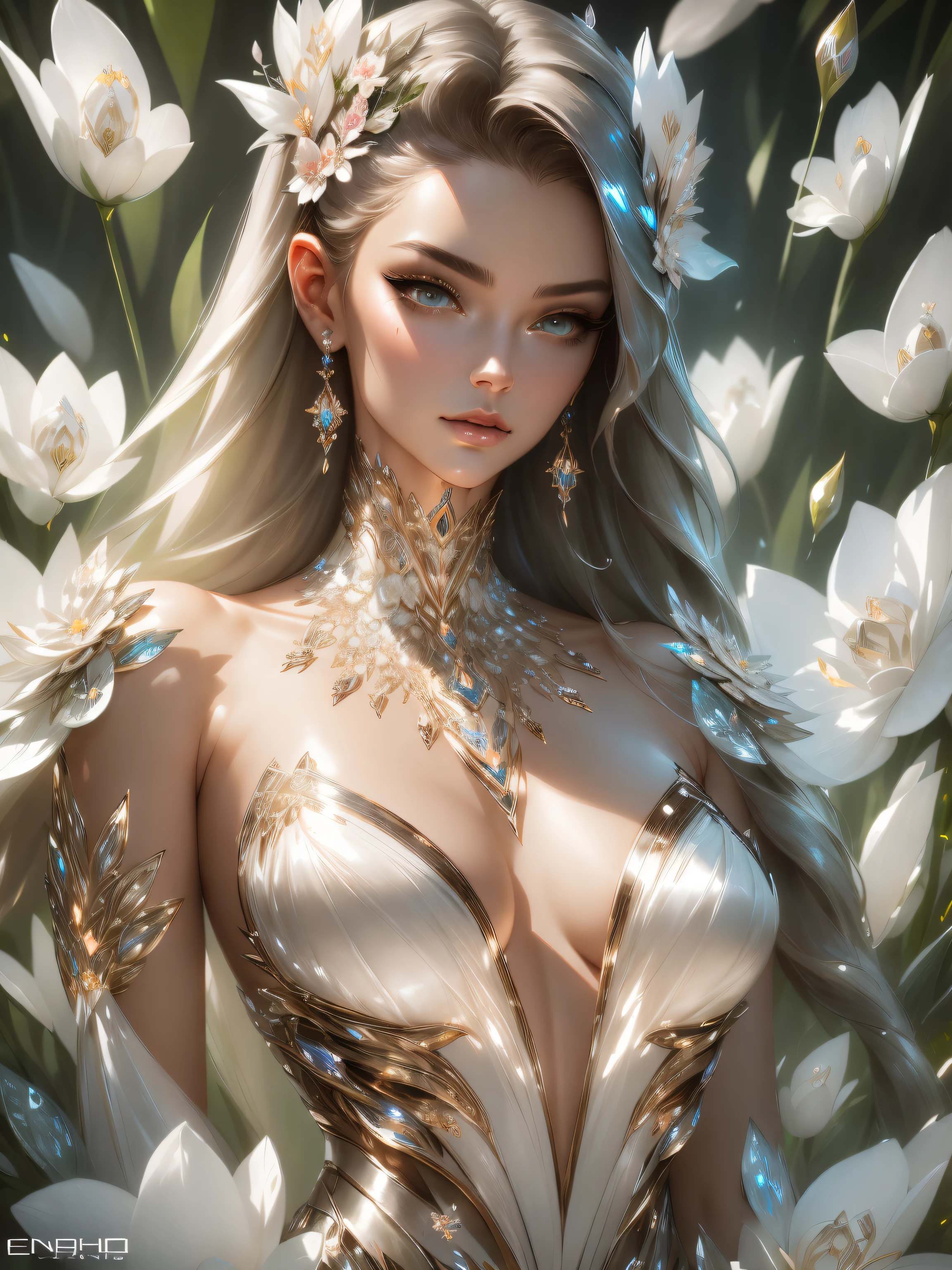 luxe cyborg goddess, diamond enchanted, delicate face, elegant biomechanical and translucent, diamond-encrusted plating, luxury flowery clothes🌷🌼🌿, highly detailed, digital painting, artstation, asymmetrical, concept art, smooth, sharp focus, 8k