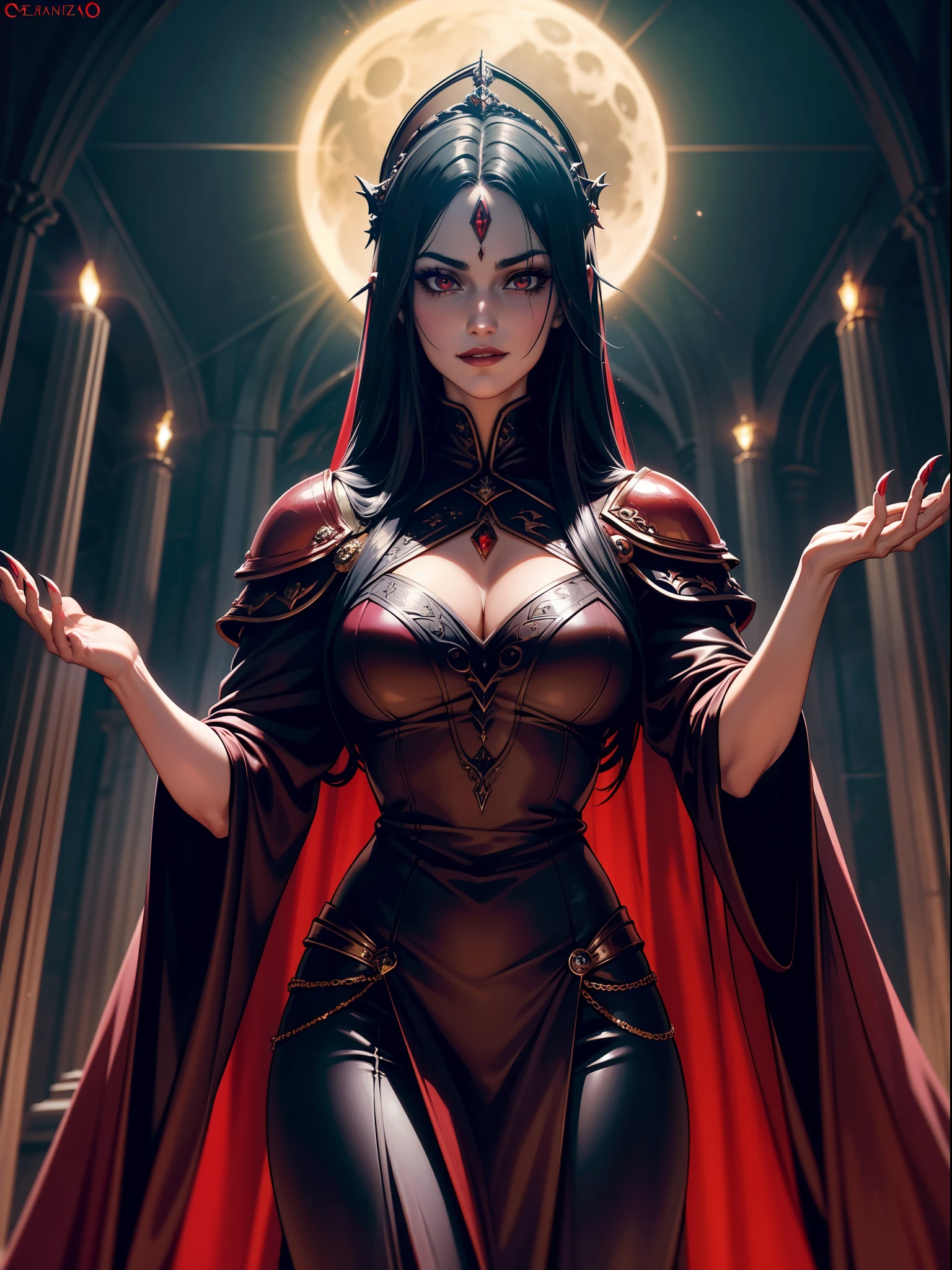 An adult vampire wizard character wearing a very detailed and beautiful gothic armor. Seu cabelo com corte curto. cor do cabelo preto. lip color: preto, cor roxa dos olhos, manto, capuz, Eclipse at the apex of the image, Sanctuary, Magnificent, 8k, with an air of importance and grandeur. Capa vermelha flutuante, personagem centralizada, capuz, facial expression with evil smile, se olhando no espelho, cabelo curto caindo sobre o olho, Encapuzada, with both arms raised with hands forming claws demonstrating absolute control