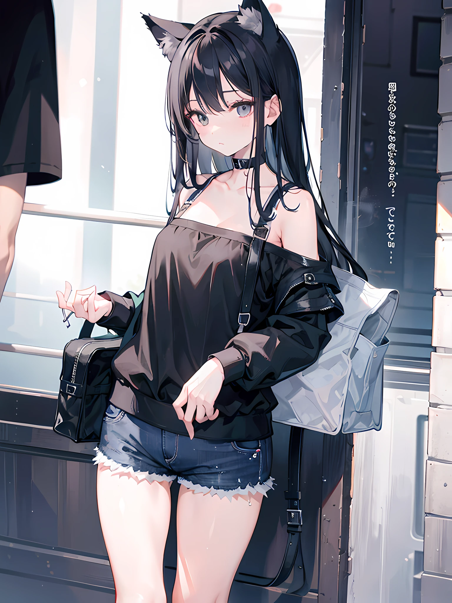 Girls under 8 years old, under 100 height, dress, small breasts, patterned cotton panties, fabric realistic, black long hair, no jacket, abandoned hospital