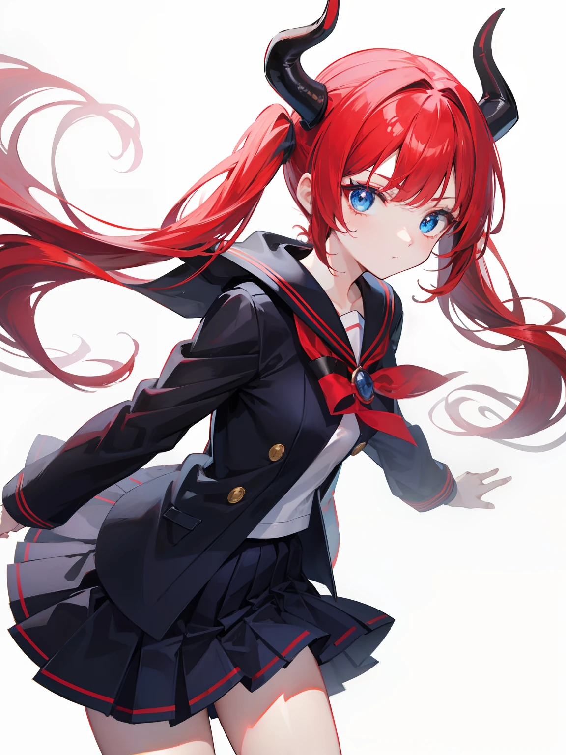 red hair, blue eyes, twintails, Sailor suit,black coat, Dragon horns,Pleated skirt,solo,bow