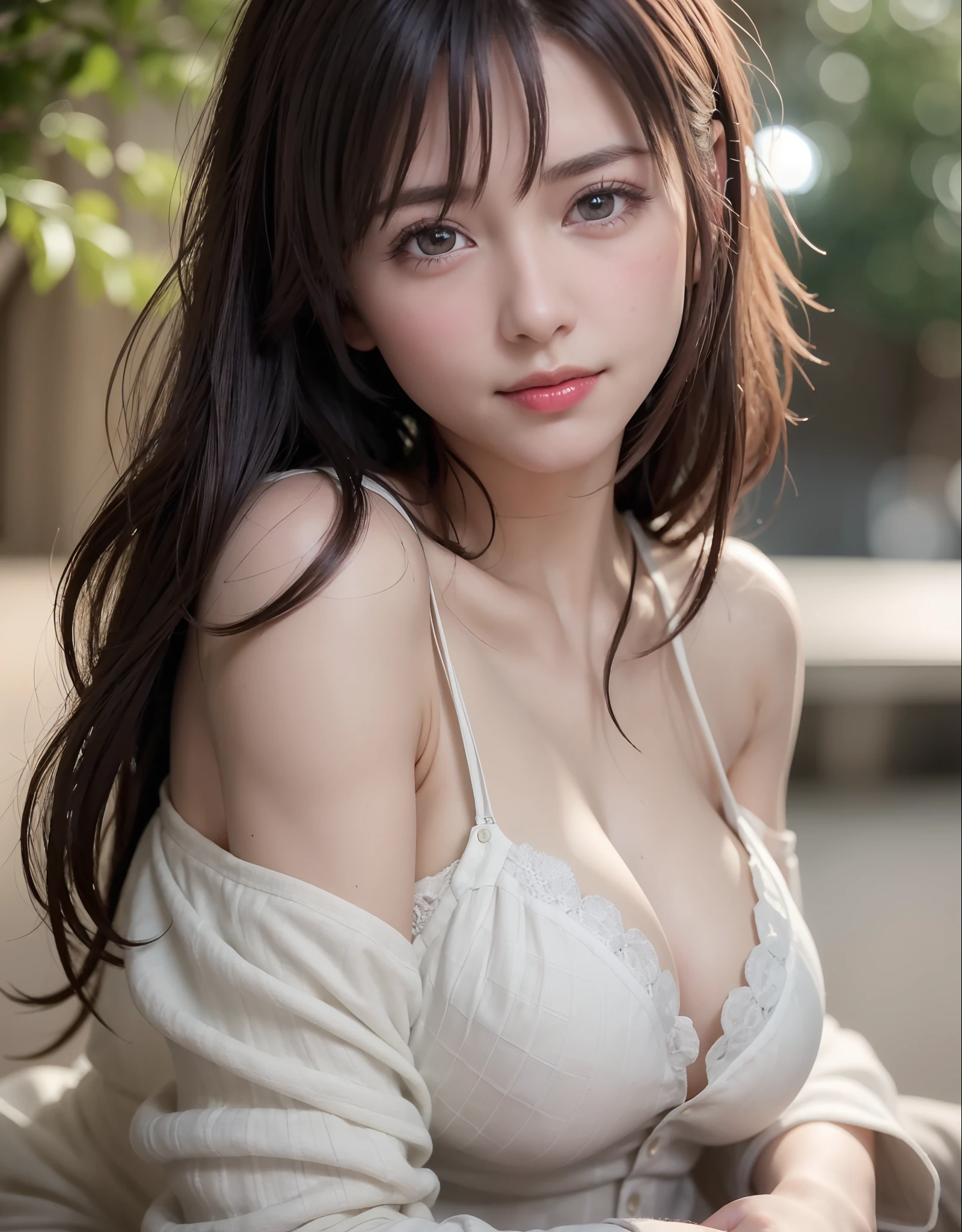 Night, RAW Photography, (((Very Beautiful Portrait))), (Very Beautiful Portrait))), 1 Girl, Sexy 25 Year Old Girl, ((Natural Brown Hair with Short Cuts)), [Brown Eyes],Gentle Smile Staring at the Camera(cleavage), ((Masterpiece, Best Quality, Ultra Detail, Cinematic Lights, Intricate Detail, High Definition, 8k, Very Detailed)), Detail Background, 8k UHD, DSLR, soft lighting, high quality, film grain, fujifilm XT3, shallow depth of field, natural light, perfect face
