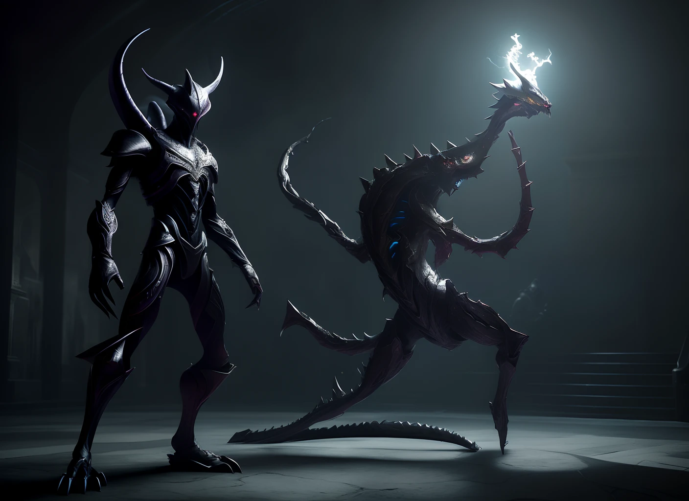 mewtwo,giratina,mixed,combined,fused anthropomorphic,stylized,dark color palette,detailed features,ominous atmosphere,intense light,strong shadows,evocative background,null,Renaissance art style,mysterious and surreal scenery,luxurious textures,holographic,glowing eyes,ethereal presence,ominous aura,elegant and menacing pose