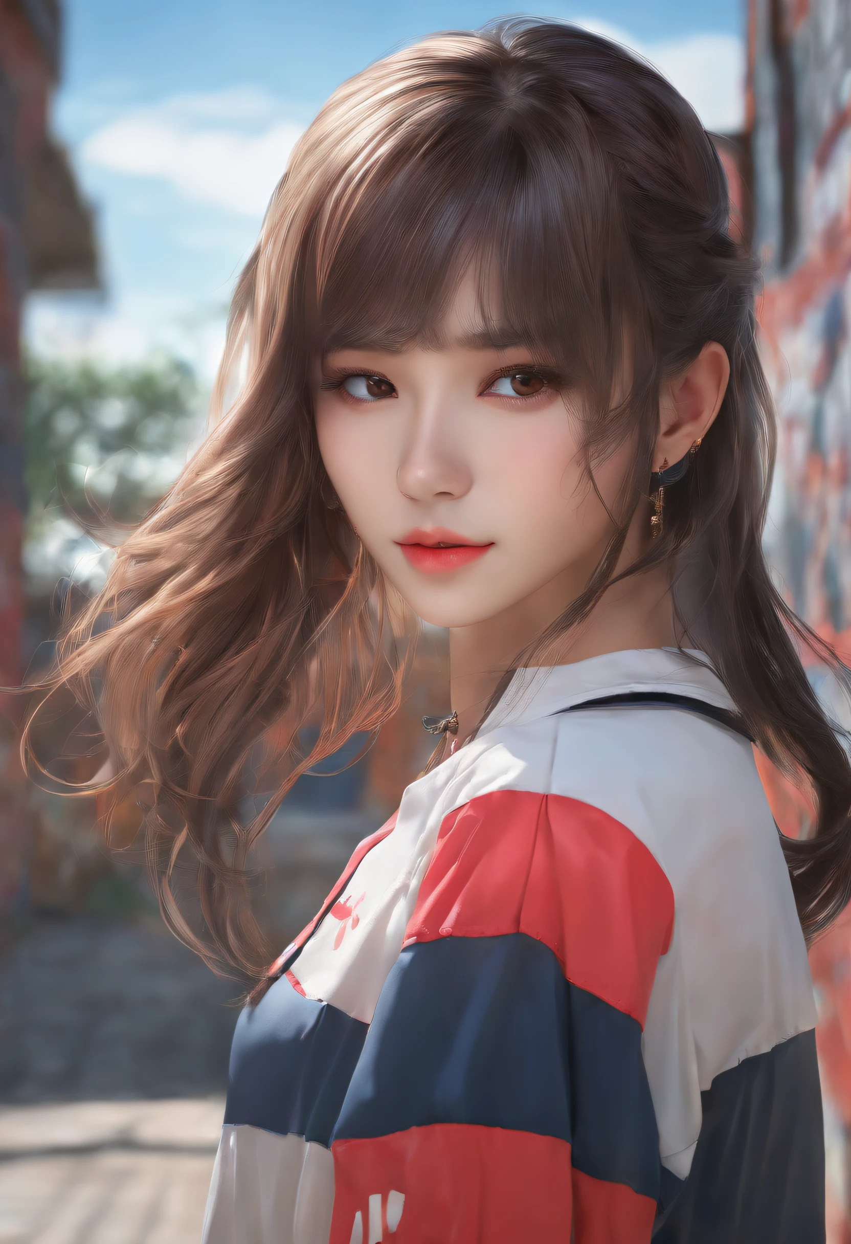 (Best Quality), Masterpiece, Highly detailed CG uniform 8K illustration, High Color, Very high saturation, All the colors have deepened., paints, Graffiti art, Center composition, Very delicate light and shadow, Graffiti Wall, The walls were brightly painted, 1 Girl doodle 1 Girl looking at the wall, highly detailed face and eyes, middle length hair, Sportswear, Colored clouds