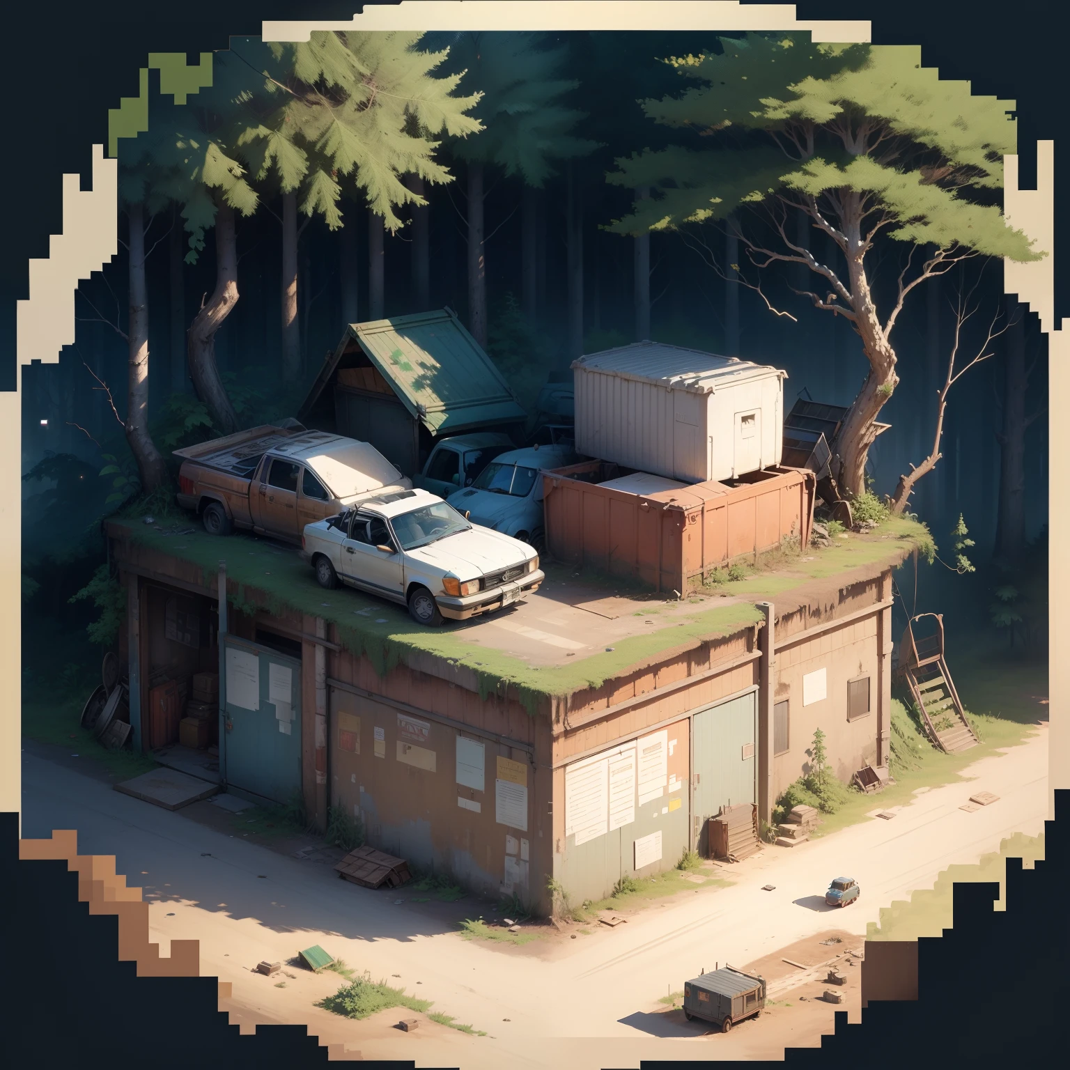 top down pixel artwork of a junkyard map with dumpsters and a forest on the edge