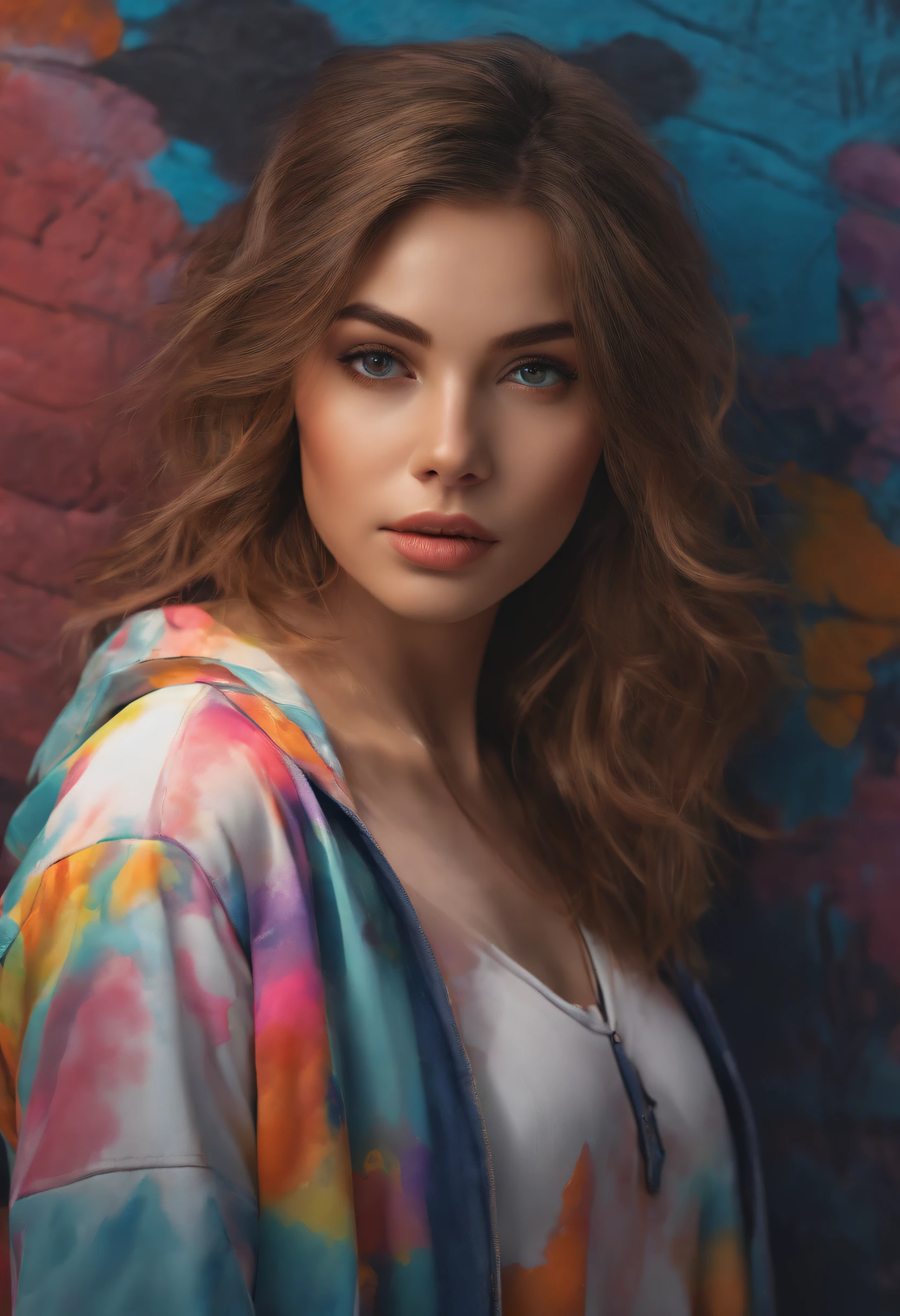 (Best Quality), Masterpiece, Highly detailed CG uniform 8K illustration, High Color, Very high saturation, All the colors have darkened., paints, Graffiti art, Center composition, Very delicate light and shadow, Graffiti Wall, The walls were brightly painted, 1 Girl Doodle 1 Girl looking at the wall, highly detailed face and eyes, middle length hair, Sportswear, Colored clouds