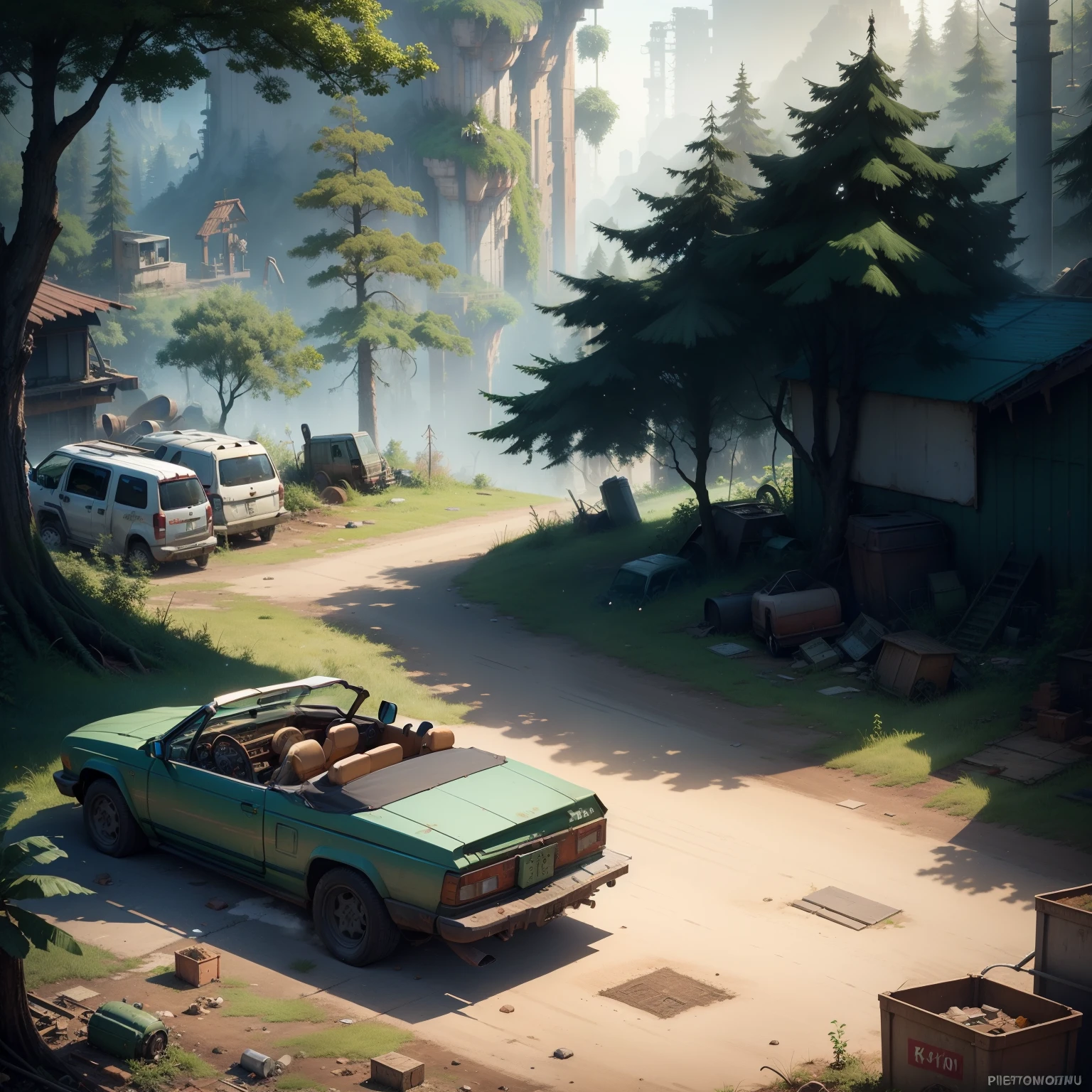 top down pixel artwork of a junkyard map with dumpsters and a forest on the edge
