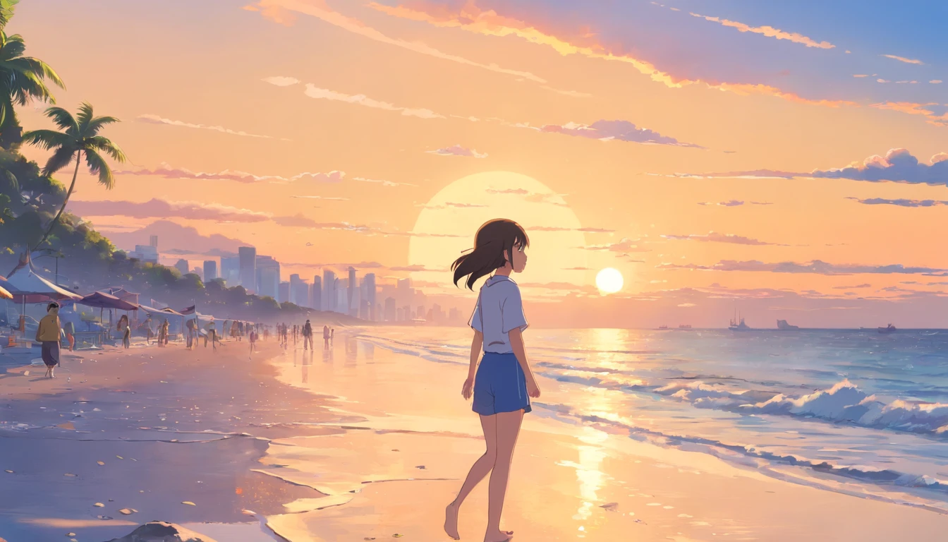 Modern cartoon drawing《A girl on the beach》hiyao miyazaki , Highly detailed, Daylight, Colorful