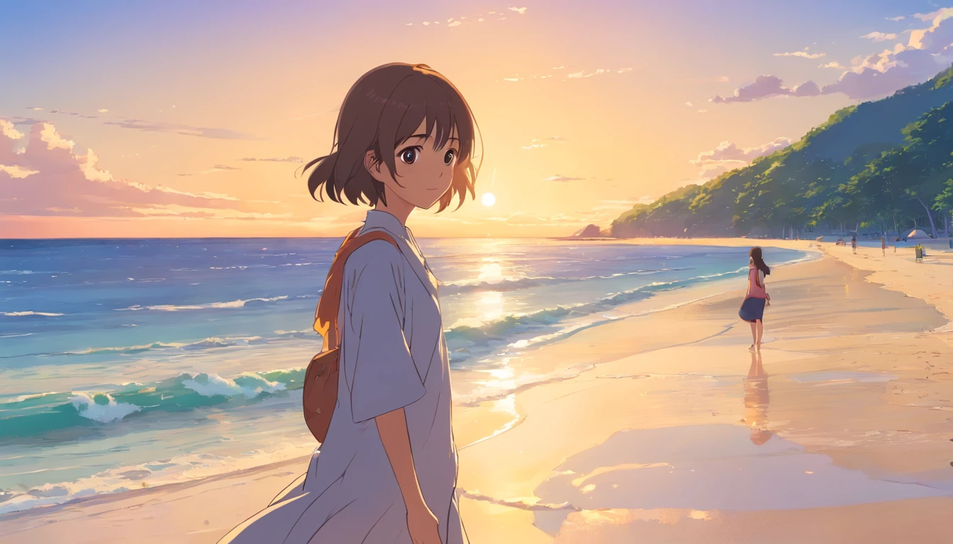 Modern cartoon drawing《A girl on the beach》hiyao miyazaki , Highly detailed, Daylight, Colorful