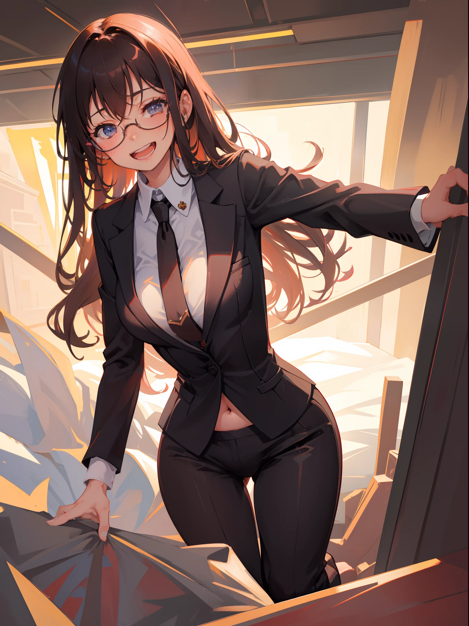 Nsfw,Vulgarity, One Woman, Brown semi-long hair, Glasses, Grinning face, Open mouth, Formal pantsuit, Underwear visible, Bending over and peeking, Sloppily removing suit