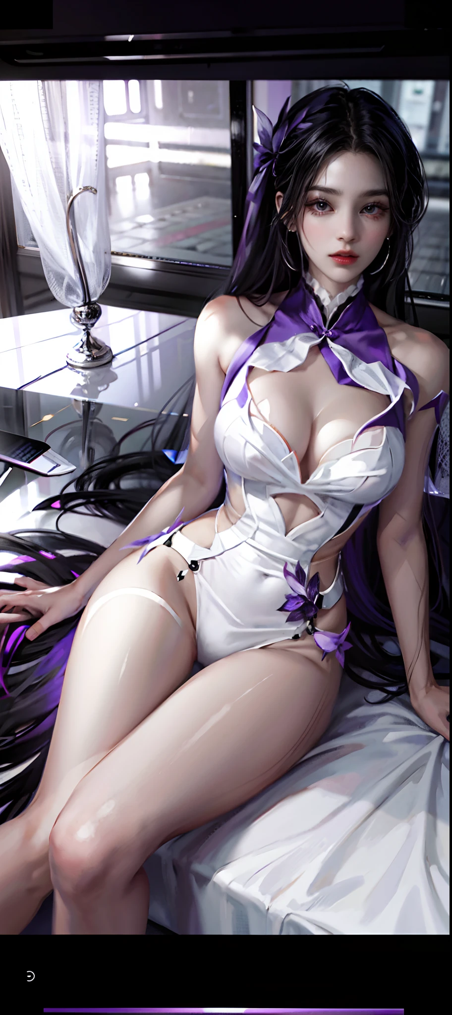 Long purple-black hair，white  clothes，The face of the original picture