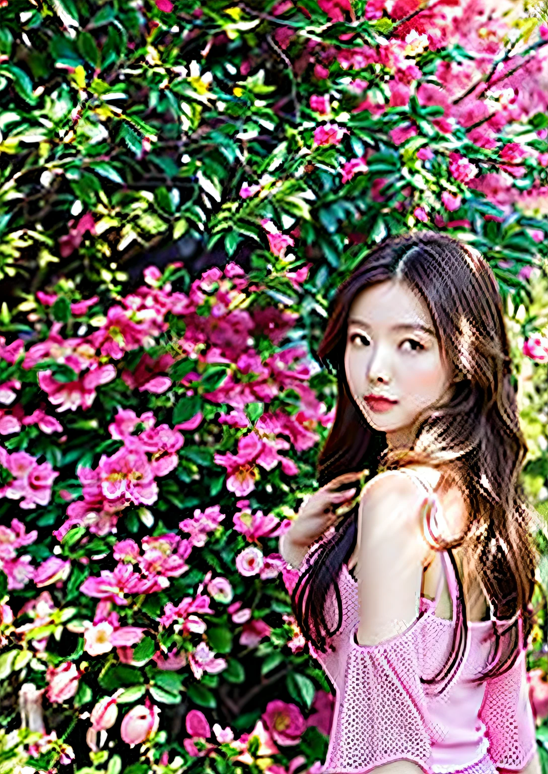 A girl with long brown curly hair standing in front of a bush of pink flowers,ChineseGirl,Pink top,white skinned,The background is green leaves interspersed with blooming pink flowers,Sunny summer,Natural light,super detailing,8k