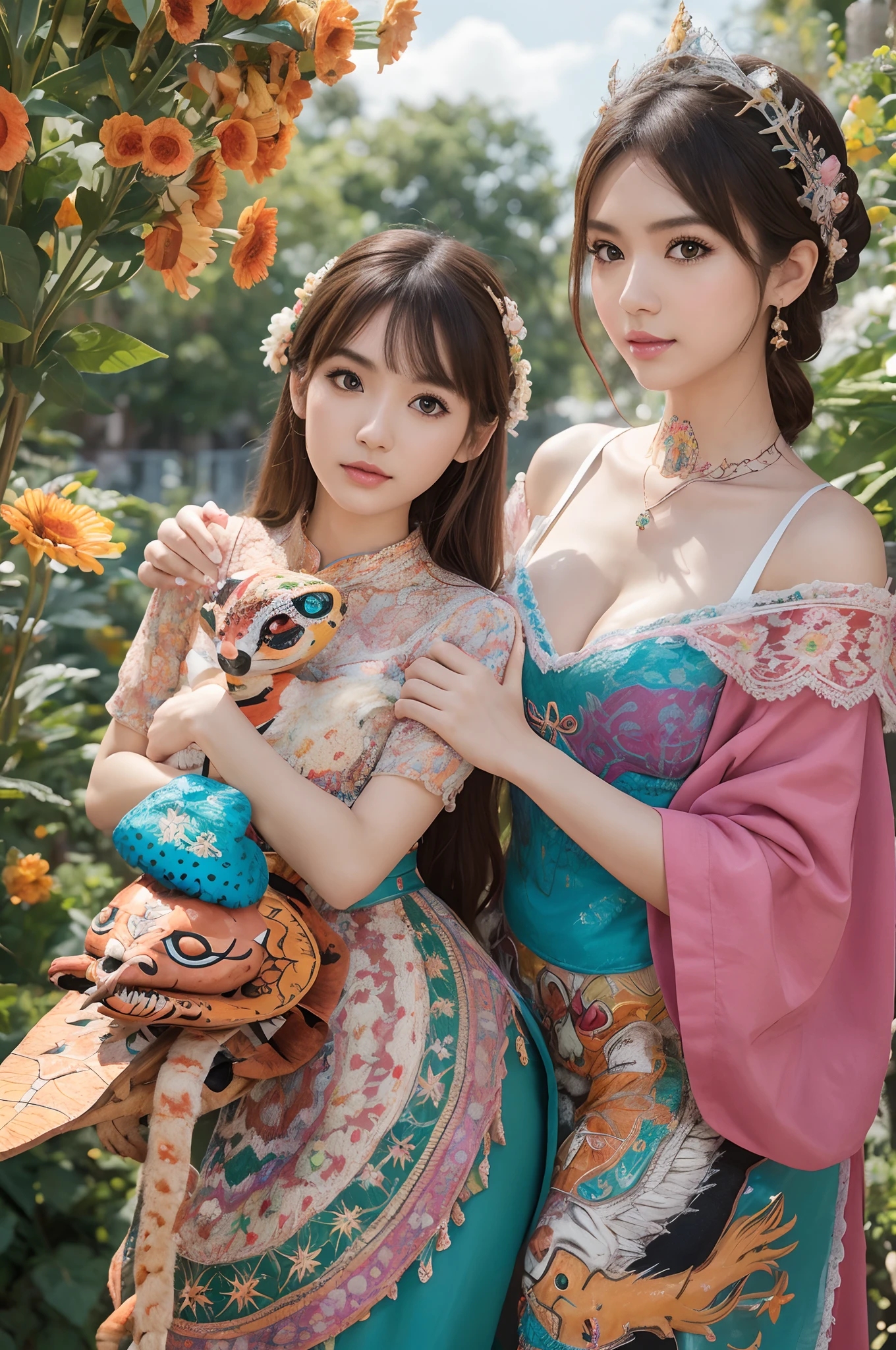2 girls,duo,white color,((alebrijes art style)),Sony Alpha 1,Sony FE 16-35mm f/2.8 GM,ulzzang-6500-v1.1,sharp focus,highly detailed,rich colors,vibrant colors,trend on Artstation,4k,xxmix girls,leering,