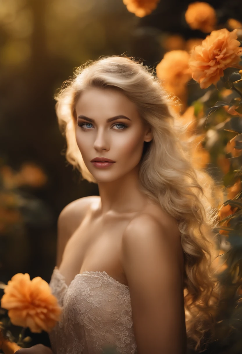 realistisch, 1girls,blondes langes Haar, dunkelbraune Augen, Strahlende Augen, Gespaltene Lippen, flush, niedlich, Garten, Tag, Blumen.
