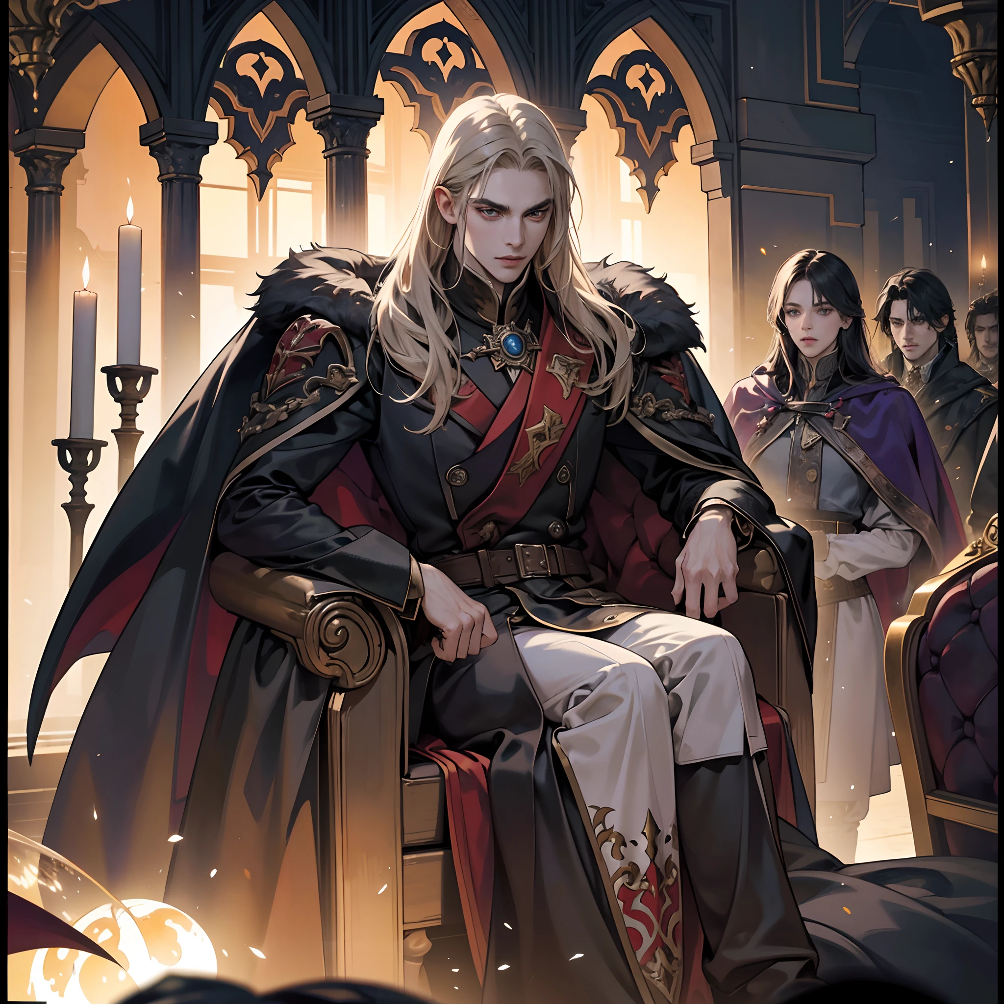 Castlevania Lord of Shadows Lord Dracula in the throne room with his great legendary soldiers looking into hyper realistic Conquest Map super detailed Dynamic shot centerpiece cinematic scene of the movie