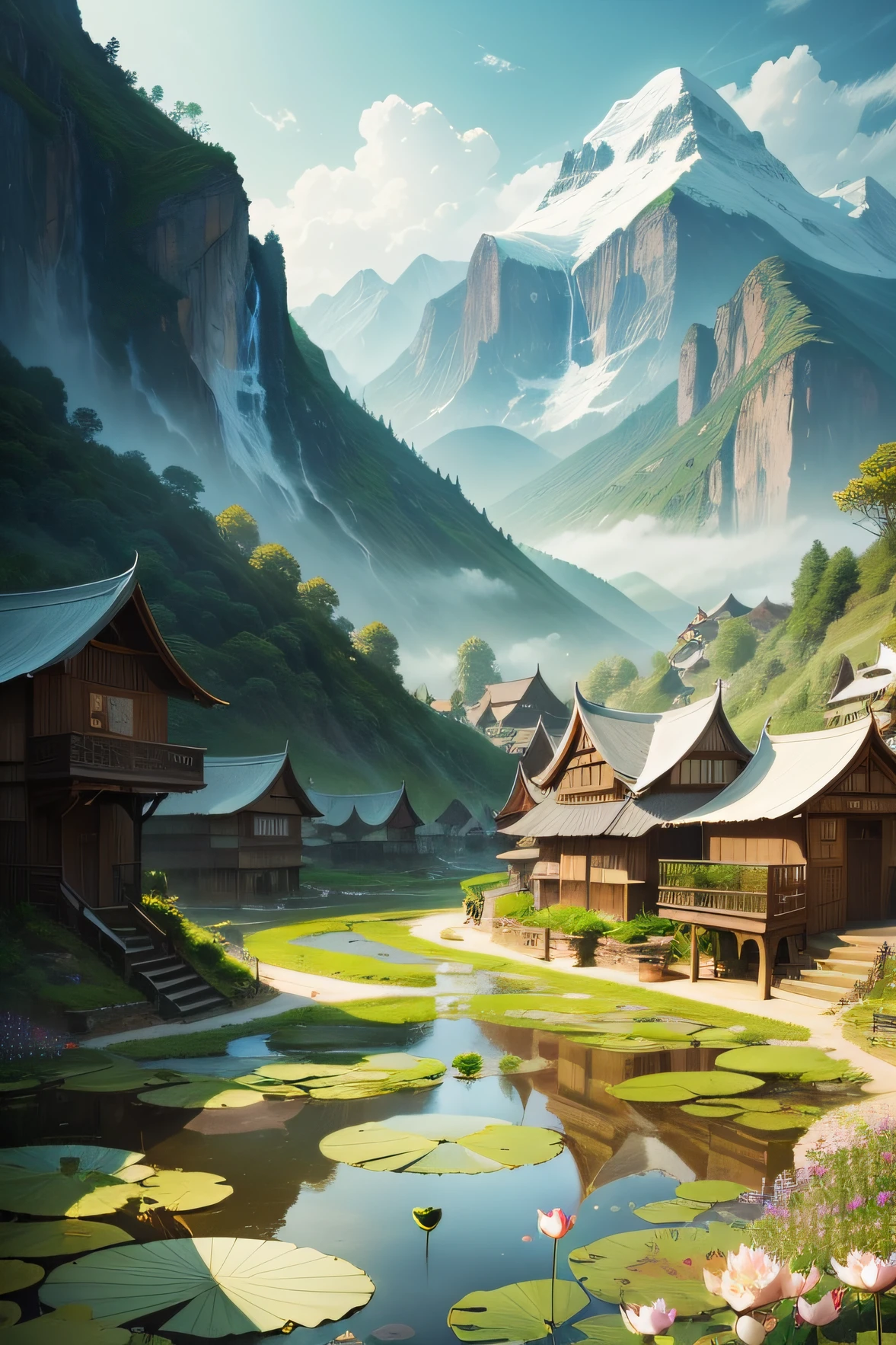 Ink style Village under the mountains There are fish ponds There are lotus leaves There are lotus flowers Girls pick lotus flowers