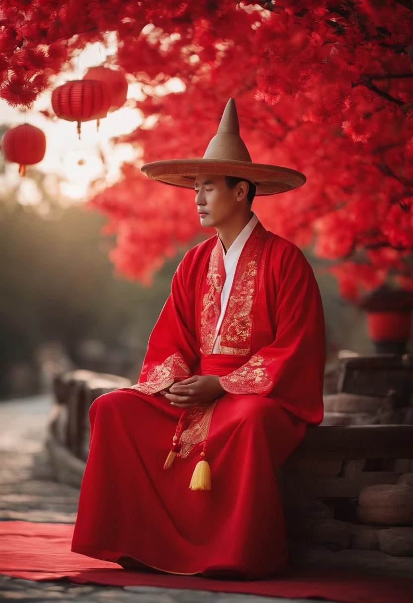 Un hombre delgado de mediana edad con ropa china, Usar un sombrero de paja,, Dressed in red Mid-Autumn Festival costumes, por Pixar, Sit on the floor and meditate，Estirar hacia adelante, Siente la luz, Detail optimization, Fondo rojo levantado