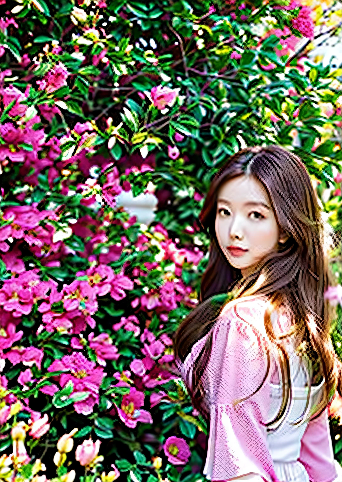 A girl with long brown curly hair standing in front of a bush of pink flowers,ChineseGirl，Pink top，white skinned，The background is green leaves interspersed with blooming pink flowers，Sunny summer，Natural light，super detailing，8k