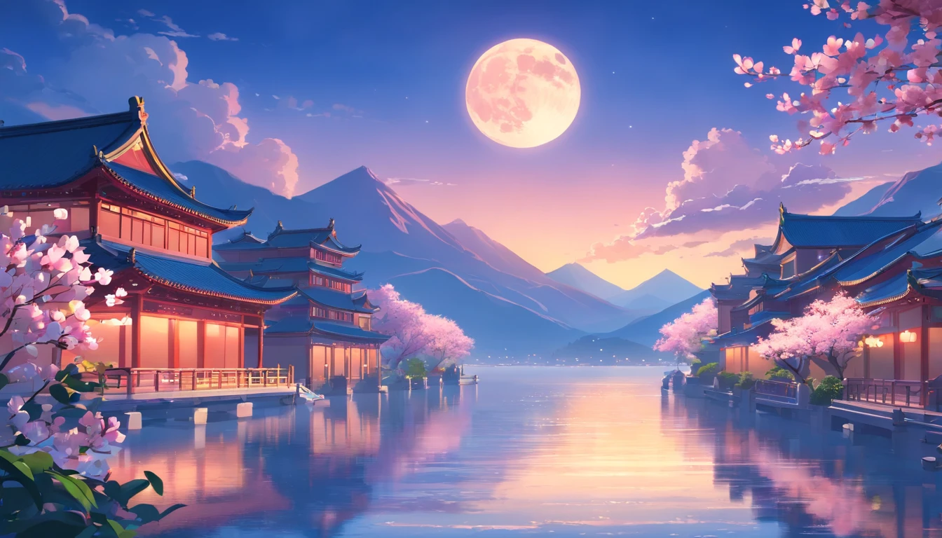 Chinese style buildings,lakes,The background is mountains,Moon,A sea of magnolia flowers,4k高清,Movie special effects,Dreamy and beautiful