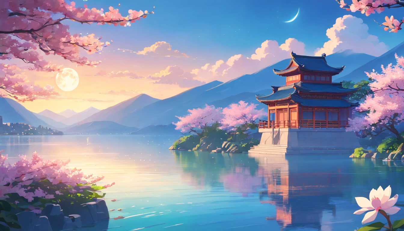 Chinese style buildings，lakes，The background is mountains，Moon，A sea of magnolia flowers，4k高清，Movie special effects，Dreamy and beautiful